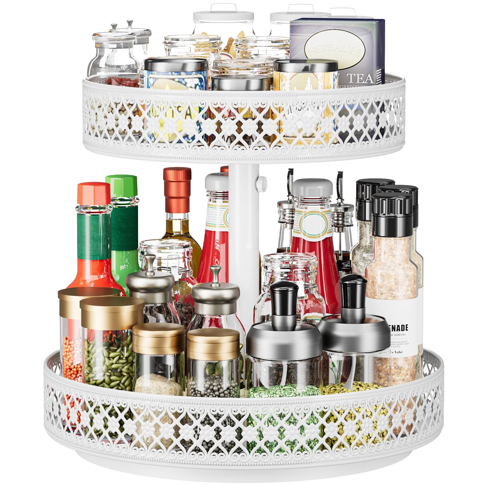 Plateau tournant, organiseur à 2 niveaux – 30,5 cm, réglable en métal pour armoire, garde-manger, cuisine, comptoir, table à manger, placard, salle de bain, meuble de rangement, blanc