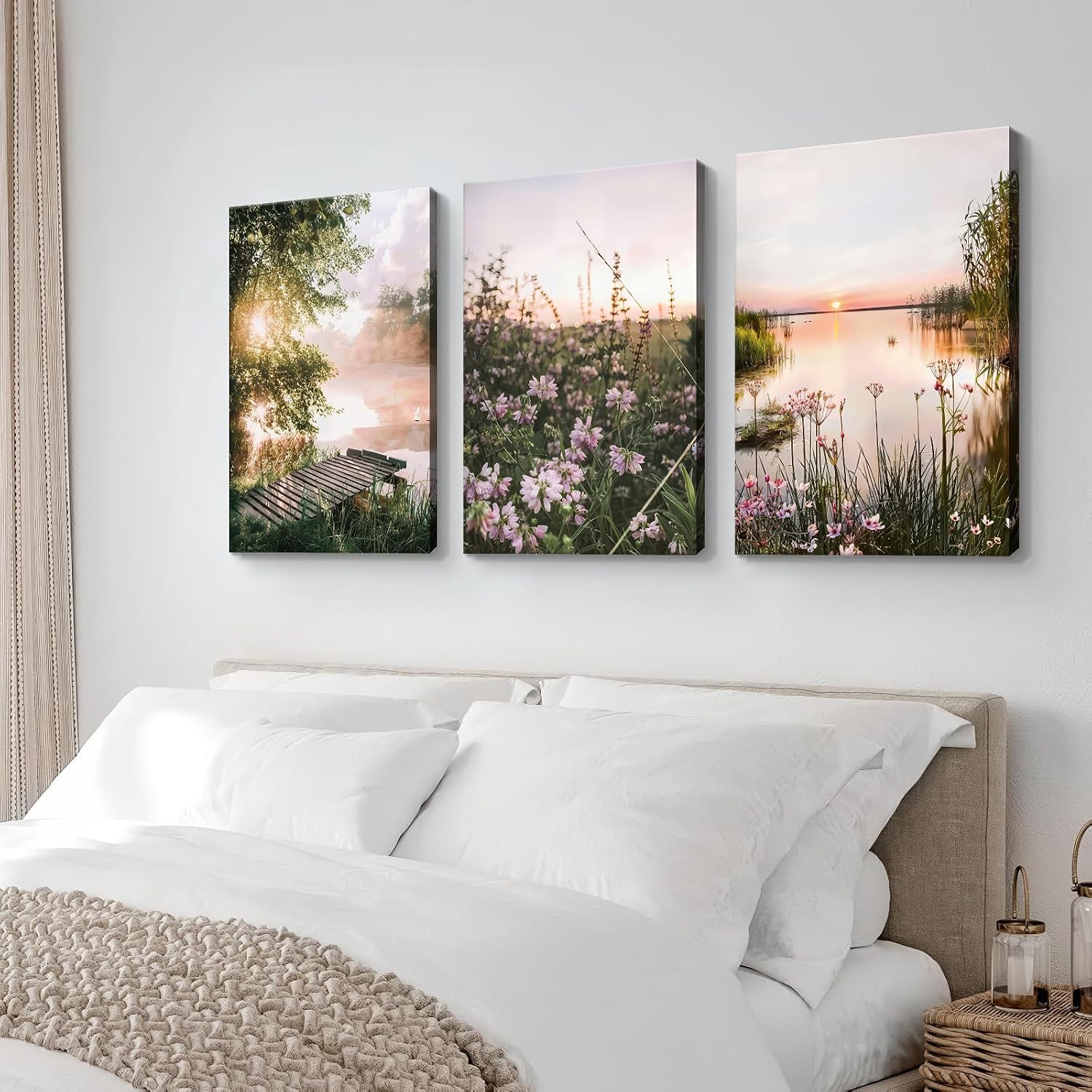 3 Pcs Framed Serene Lake Floral Field River Sunset Landscape Canvas Wall Art Field Poster Nature Scenery Print for Living Room Bedroom Bathroom Decorative Painting Ready to Hang 12x16 Inches