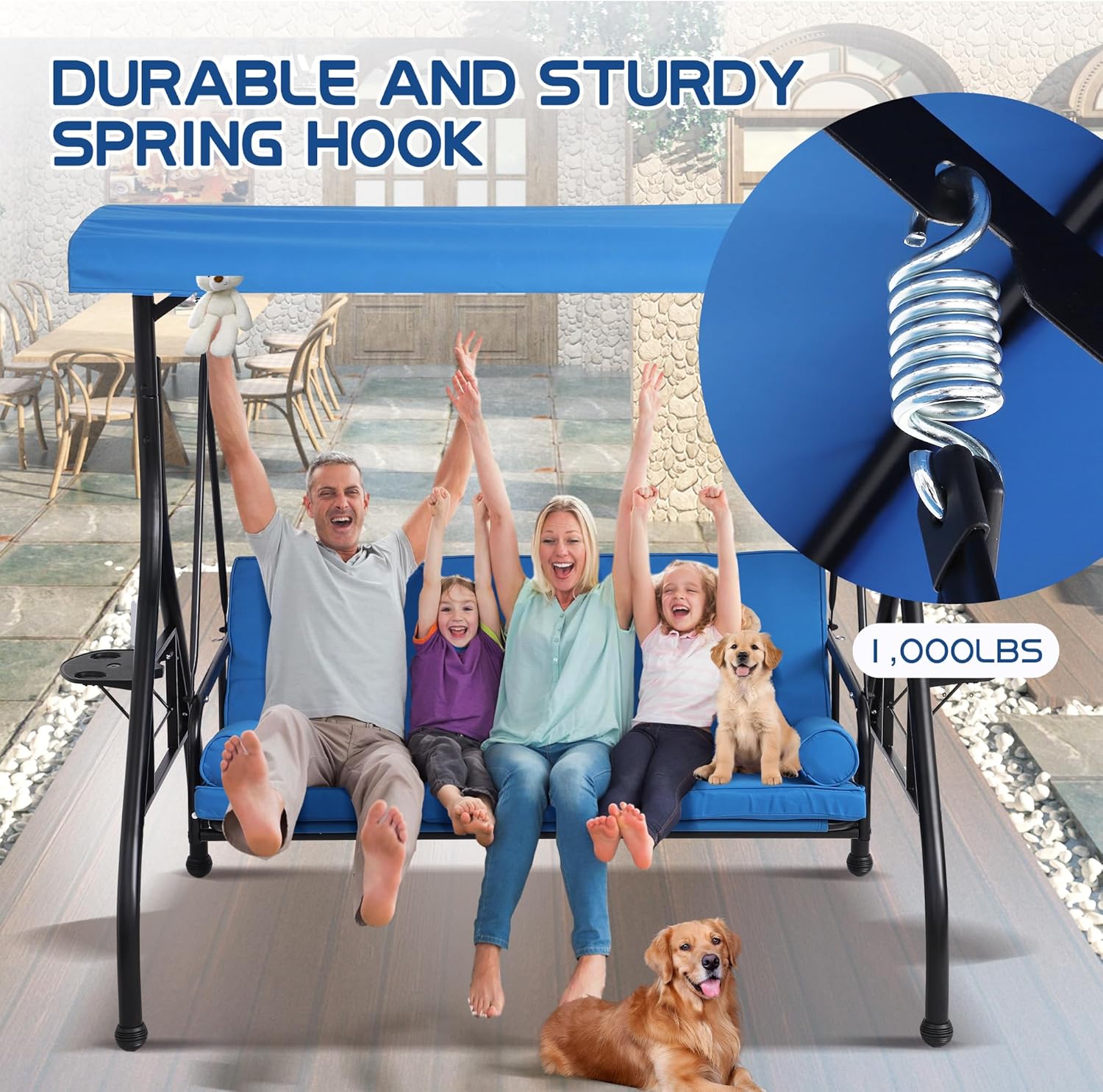 3-Seat Outdoor Porch Swing with Adjustable Canopy, Convertible Swings Bed with Stand, Patio Glider with Cushion, Pillow & Cup Holder, Hammock Chair for Porch, Backyard, Poolside, Balcony (Blue)