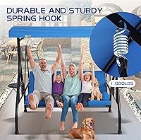Vista 8 de Columpios de porche para exteriores de 3 asientos con toldo ajustable, banco de columpio para patio con soporte, cama columpio resistente con Azul