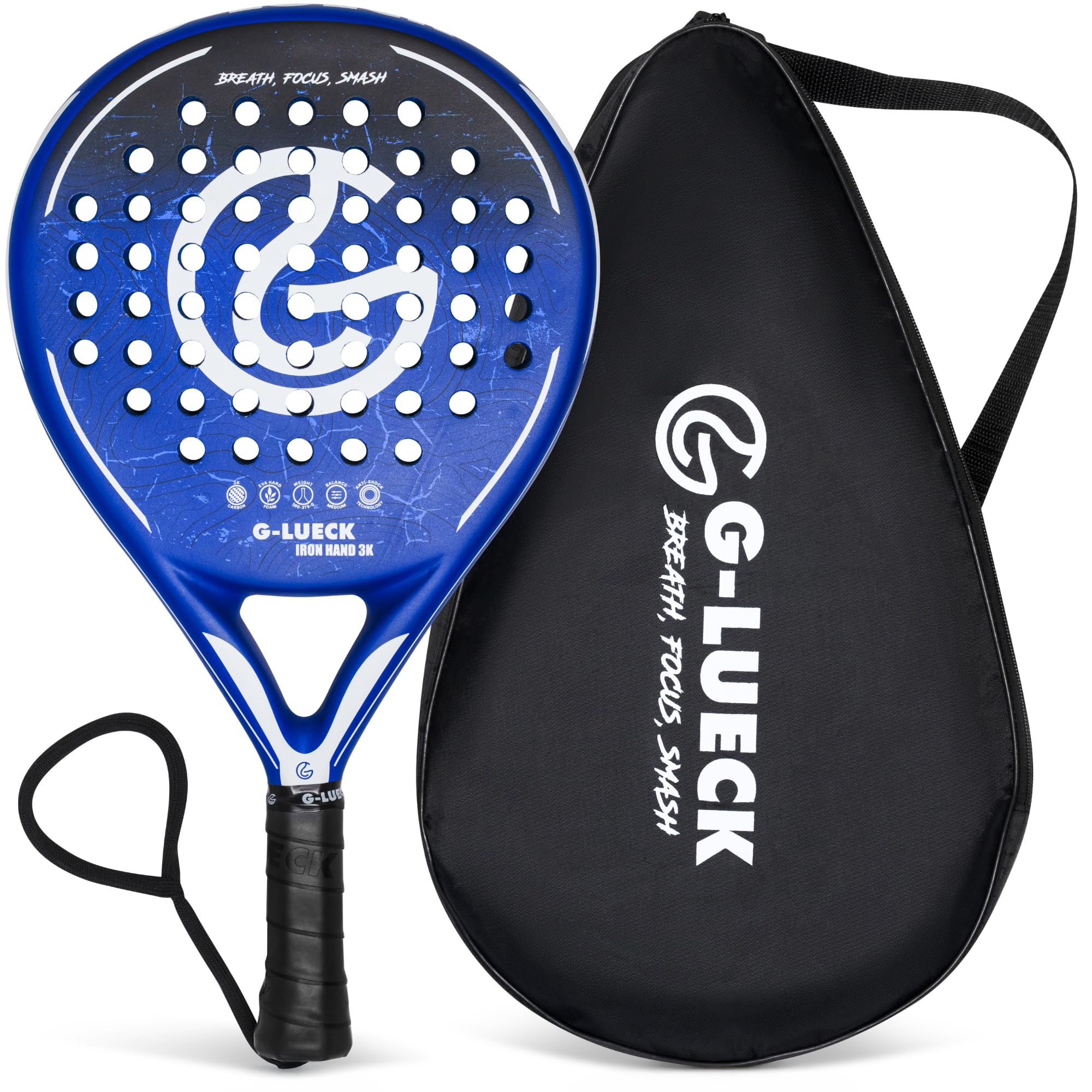 Raquette de Padel Iron Hand 3K Carbone – Forme Ronde, Contrôle et Puissance – Cadre en Carbone Renforcé – pour Débutants et Joueurs Confirmés – Bleue, Housse Incluse