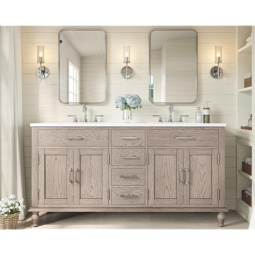 60" Solid Oak Double Sink Bathroom Vanity with Sink Combo, Antique Grey Oak Vanity Cabinet with Drawers & Adjustable Shelves, Easy Assembly