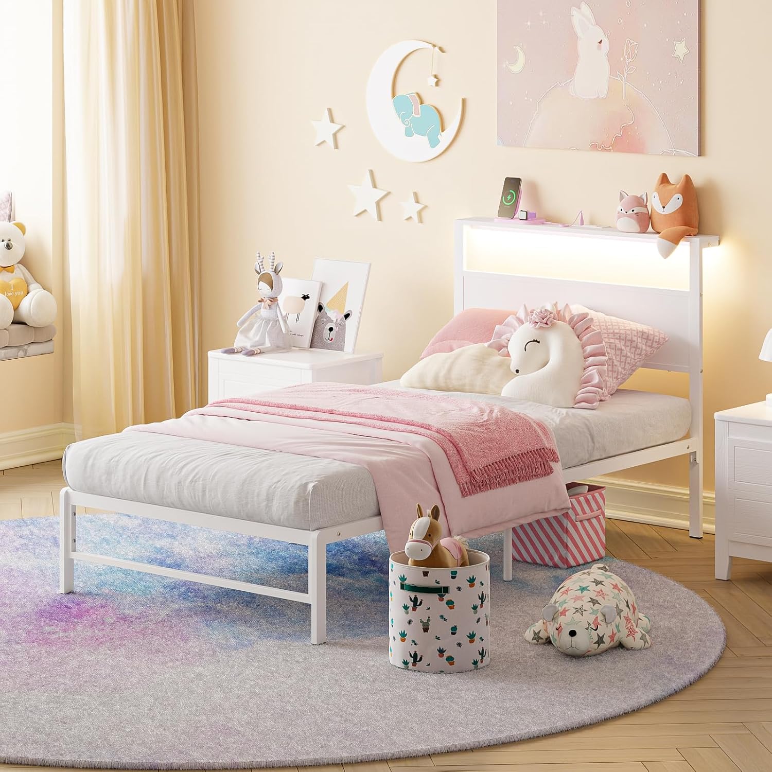 Weehom Twin Bed Frames with Headboard Shelf Storage, Wood Twin Bed Frame with Charging Station and LED Lights, No Box Spring Needed Twin Size Metal Bed Frame for Kids Students, White - Image 7