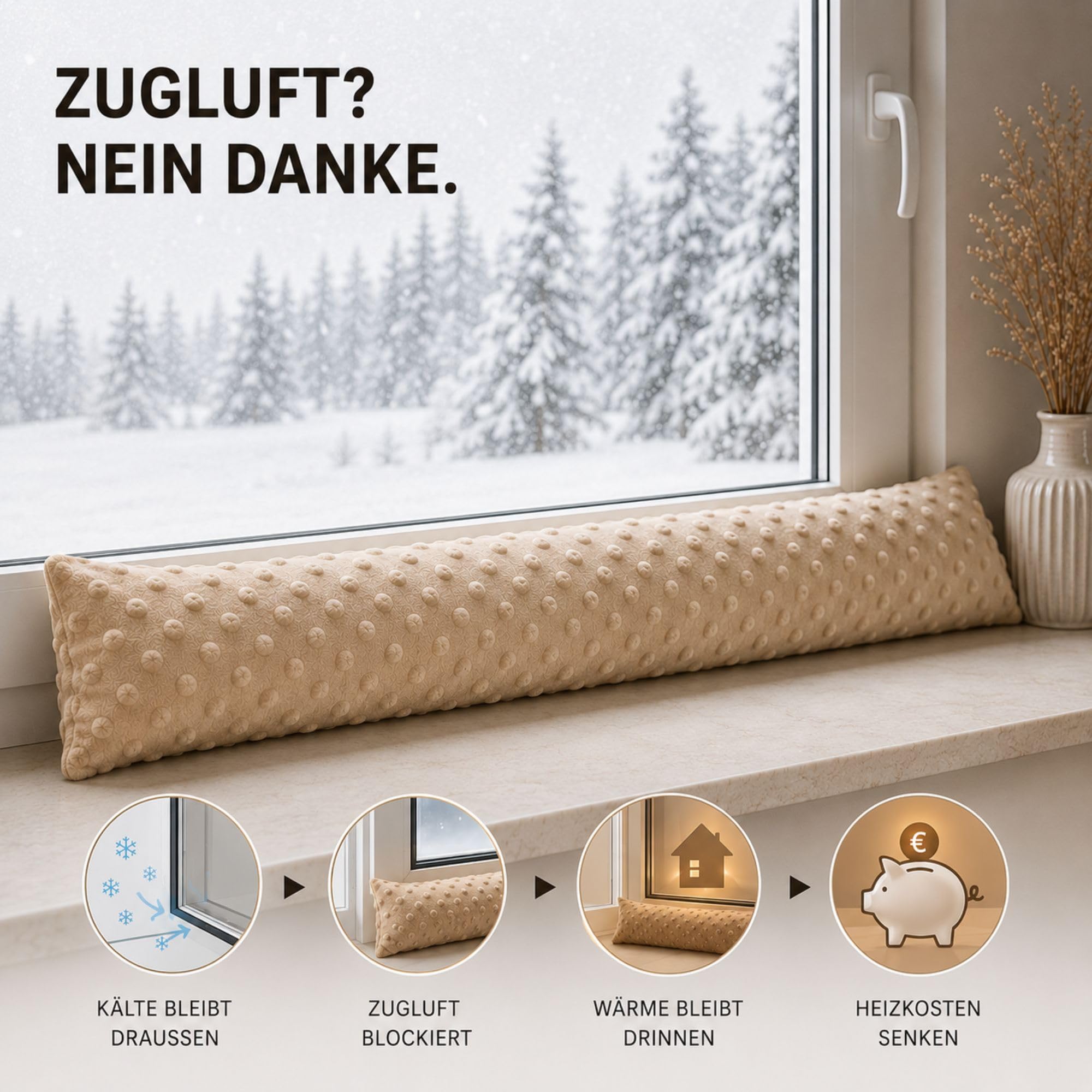 Paraspifferi porta isolante 150 cm - Salsicciotto sottoporta e finestra antivento decorativo Ideale per ingresso casa finestre e cuscino per cameretta bambini Oeko-Tex Beige