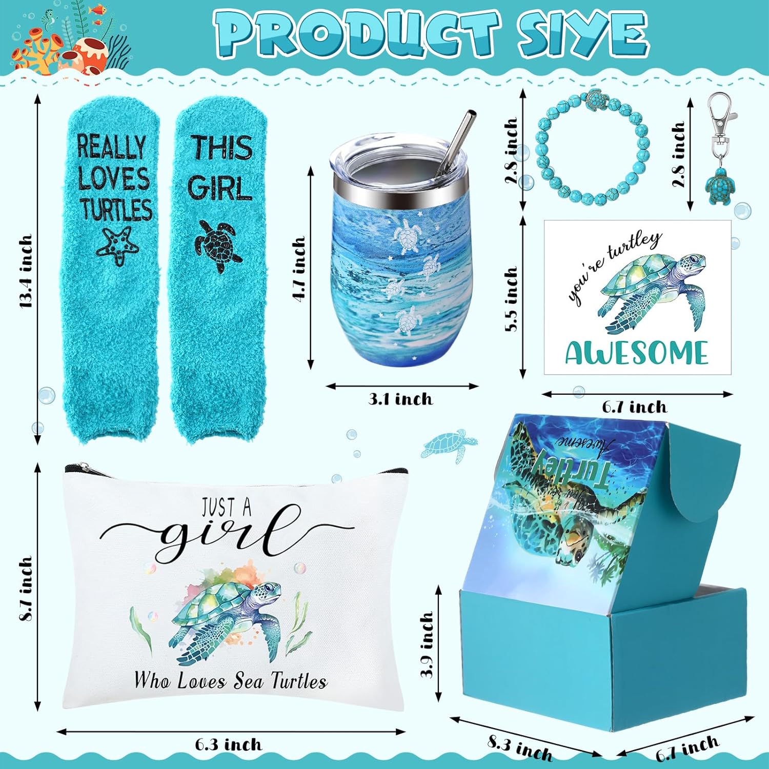 Tondiamo 7 Pcs Sea Turtle Gifts for Women Includes Stainless Steel Tumbler Makeup Bag Keychain Card Socks Bracelets for Women Turtle Lovers Birthday Party Gift