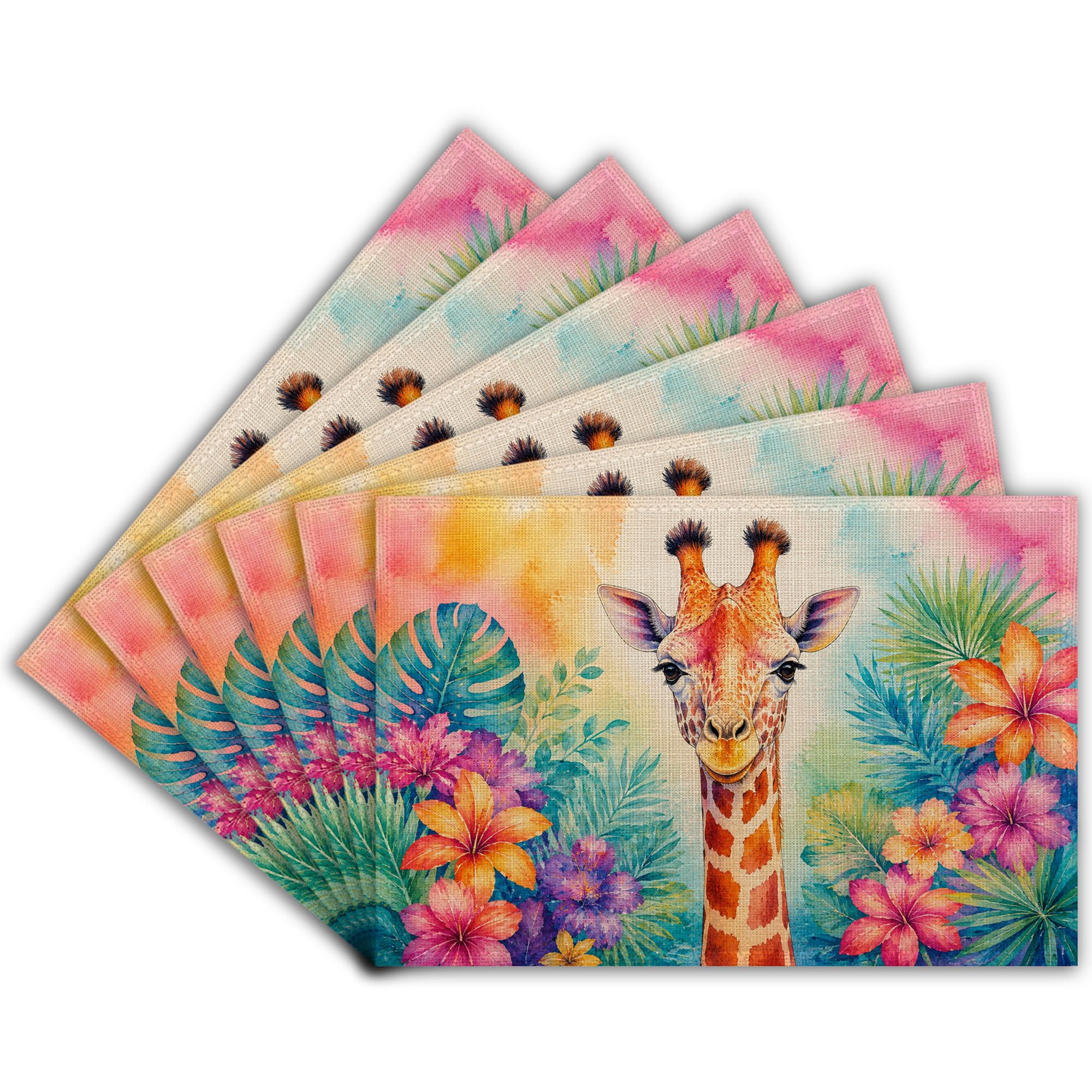 Set of 6 Placemats, Watercolor Giraffe Flower Dining Table Placemats, Non Slip Linen Place Mats, Easy Clean for Kitchen Indoor Outdoor, 45 x 30 cm