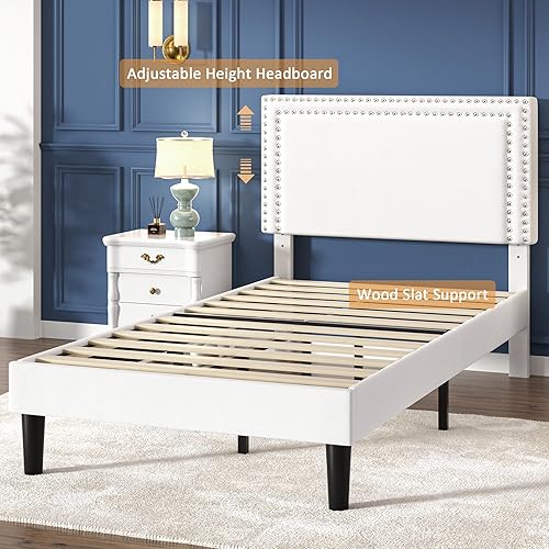 Miniatura 371 de VECELO Base de cama de tamaño matrimonial con cabecera tapizada ajustable, plataforma de listones de madera, diseño sin ruido, fácil montaje Negro