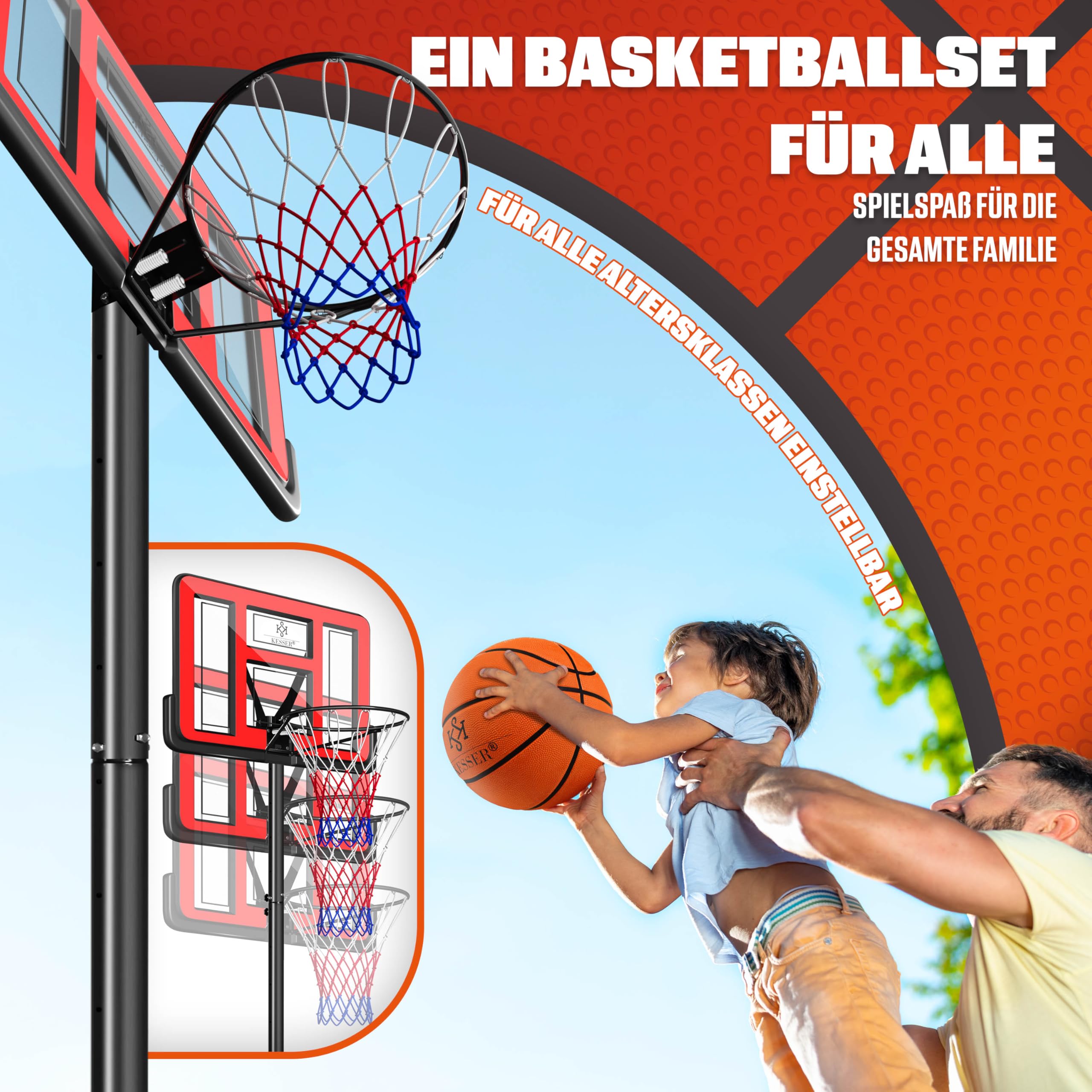 KESSER Juego de canasta de baloncesto ajustable de 160 a 210 cm, soporte de baloncesto móvil con ruedas, tabla de baloncesto, bomba y 2 redes, sistema de baloncesto para interiores y exteriores para