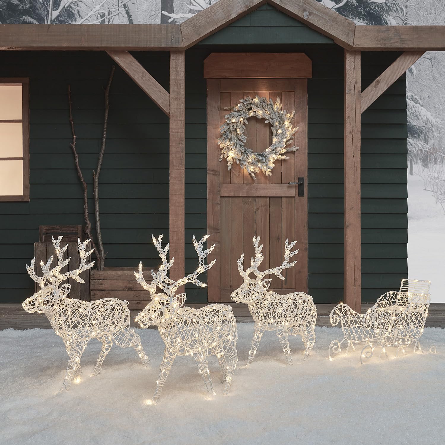 Lights4fun 3-in-1 LED Rentier mit Schlitten Beleuchtet Hirsch Figur Timer Weihnachtsbeleuchtung Außen und Innen Batteriebetrieb