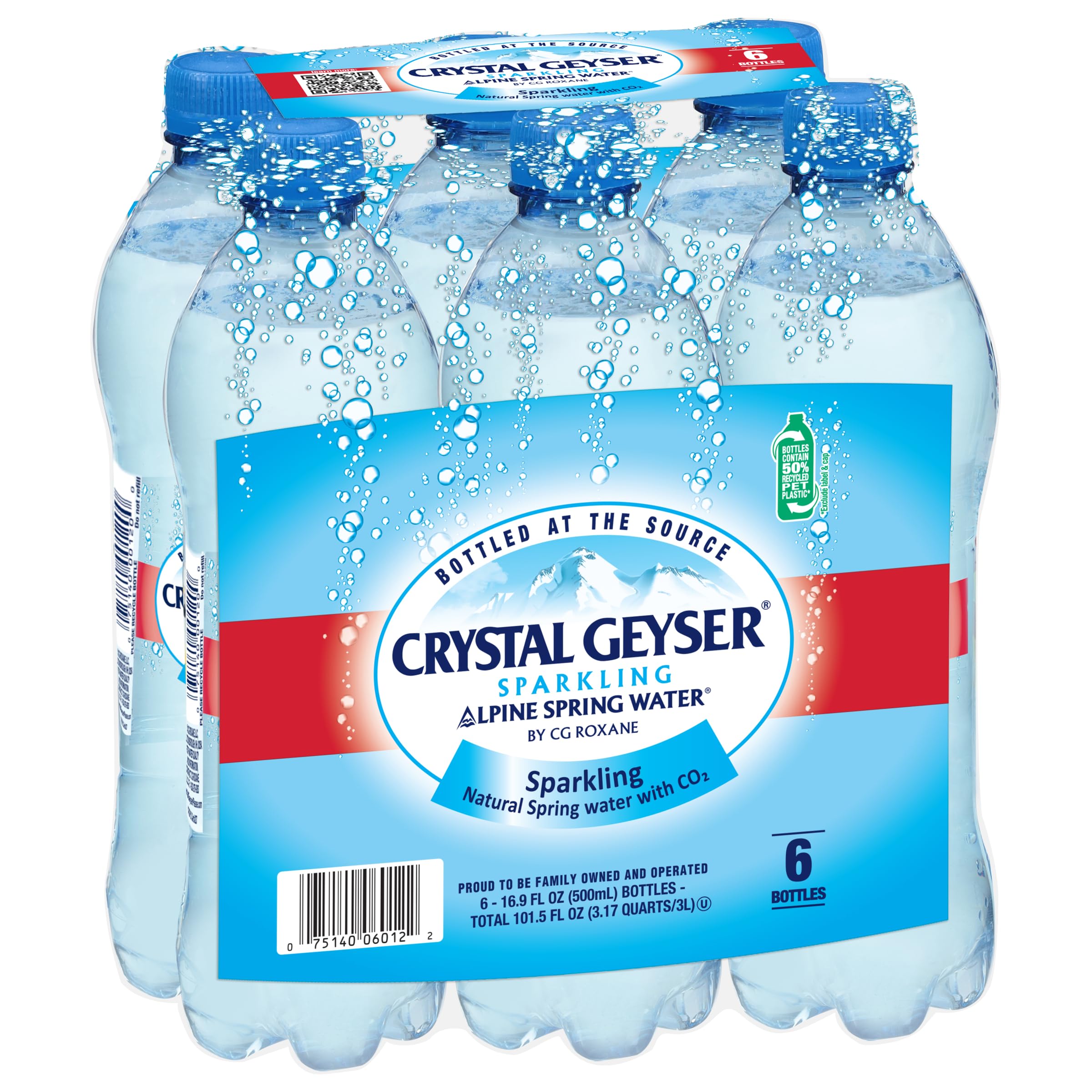 Crystal Geyser Sparkling Natural Alpine Spring Water, 6-Pack, 16.9oz Bottles, Zero Calories and No Sweeteners, Bottled at The Spring Source