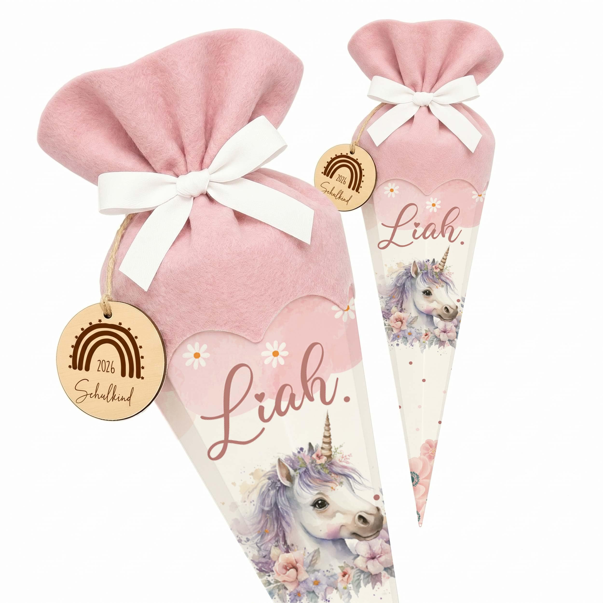 Personalisierte Schultüte mit Filz-Stoff & Holzschild, Zuckertüte zur Einschulung Mädchen Jungen 2026 - Einhorn Rosa