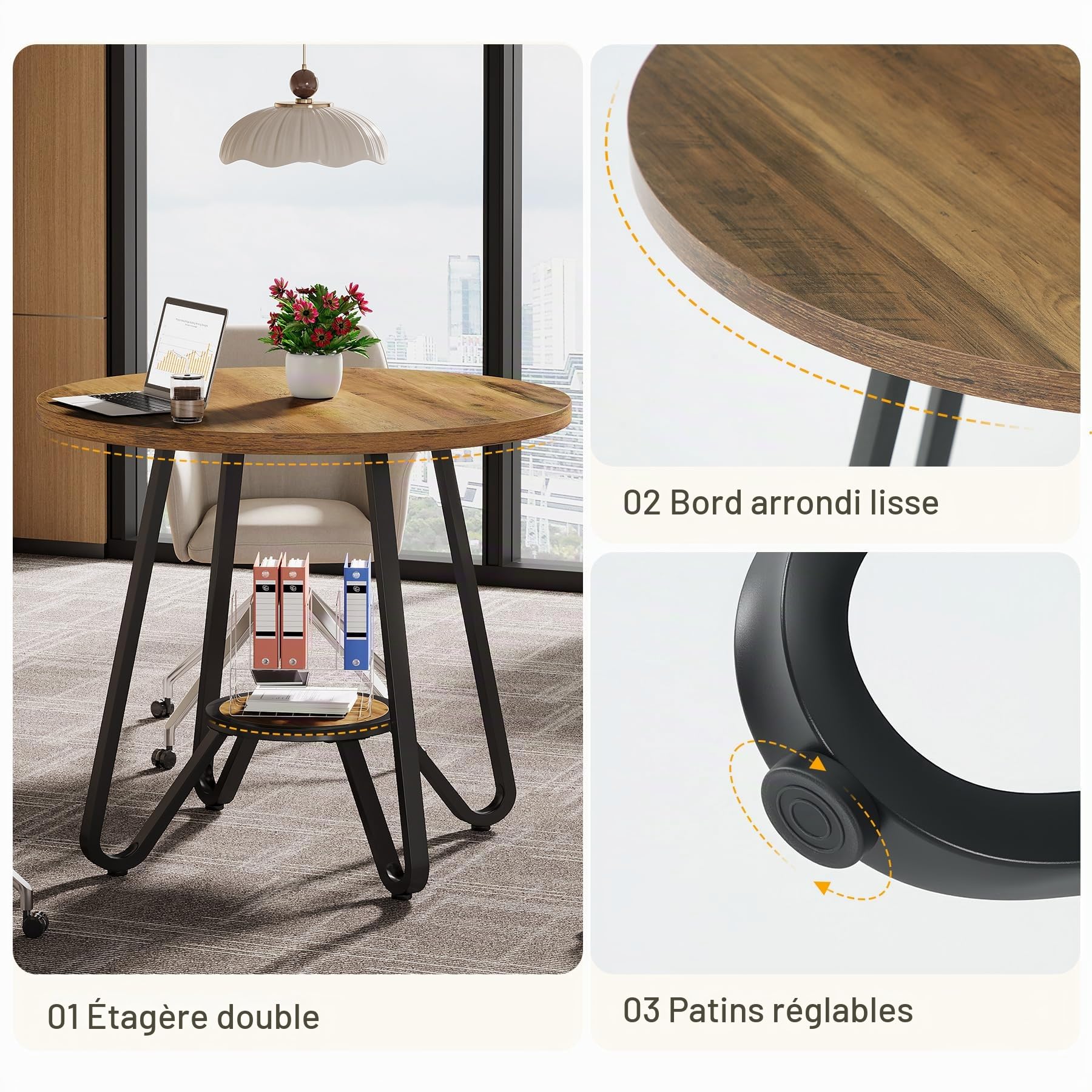 Tribesigns Table de Réunion Ronde 80×80×75 cm – Conférence 2-4 Personnes, Petite Table de Bureau en Bois avec Étagère Inférieure, Gain de Place pour Espace Restreint, Home Office, Salle de Réunion