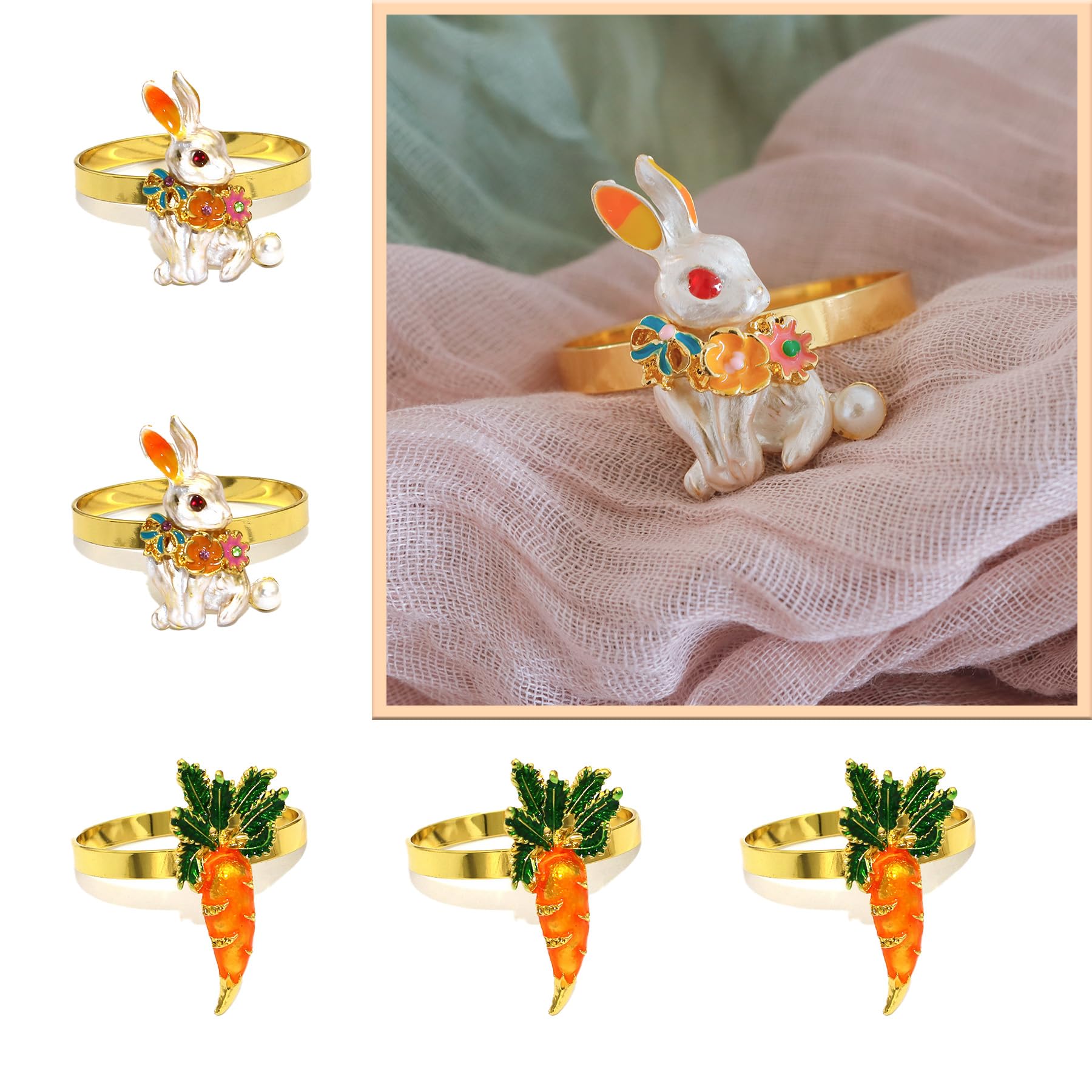 Easter Napkin Rings Set of 6, Gold Bunny Rabbit Napkin Ring Holders for Easter Decoration Party Dining Table Settings