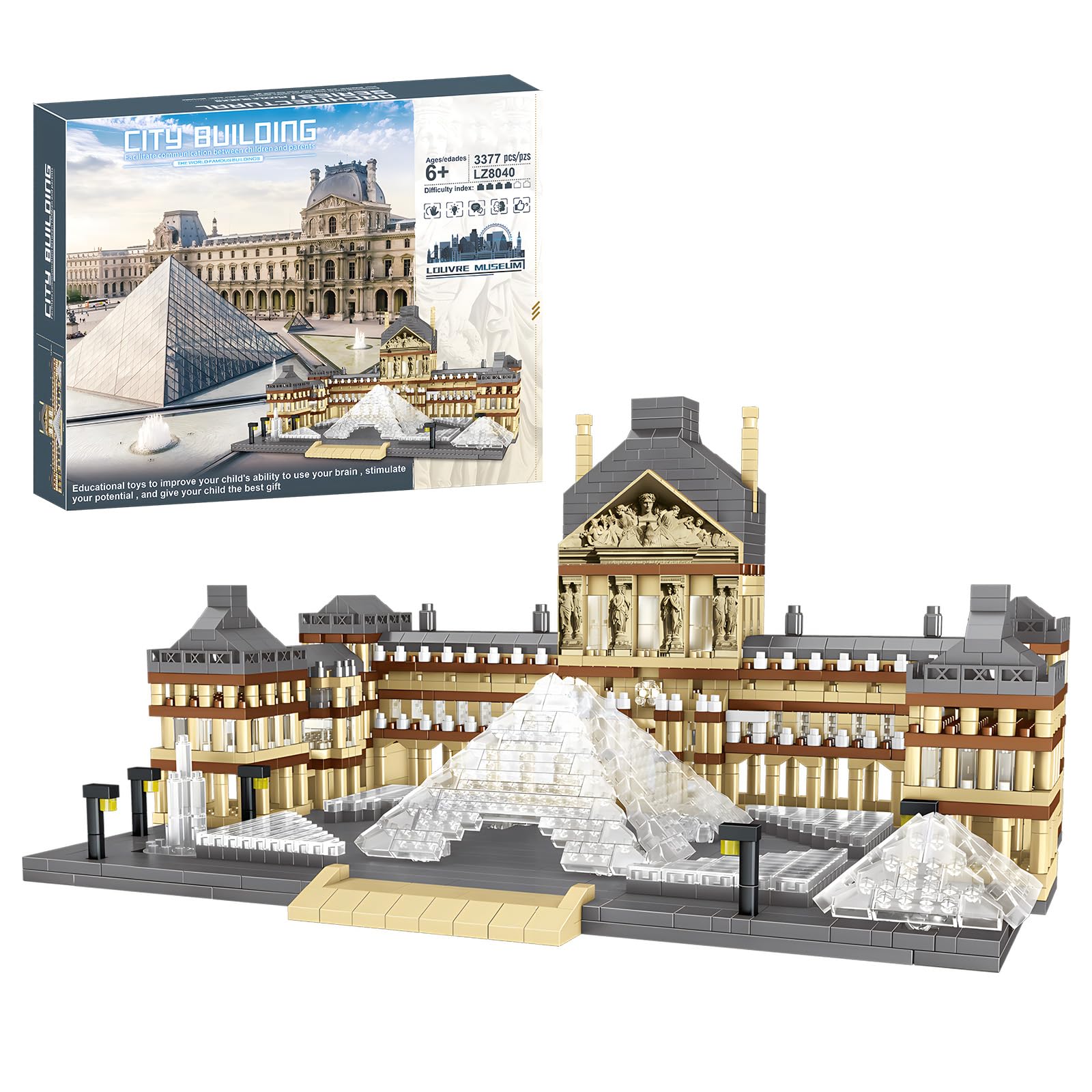 Paris Louvre Museum Model Building Blocks Set Micro Bricks World Famous Architecture Educational Toys for Kids Adults 3377 Piece Birthday