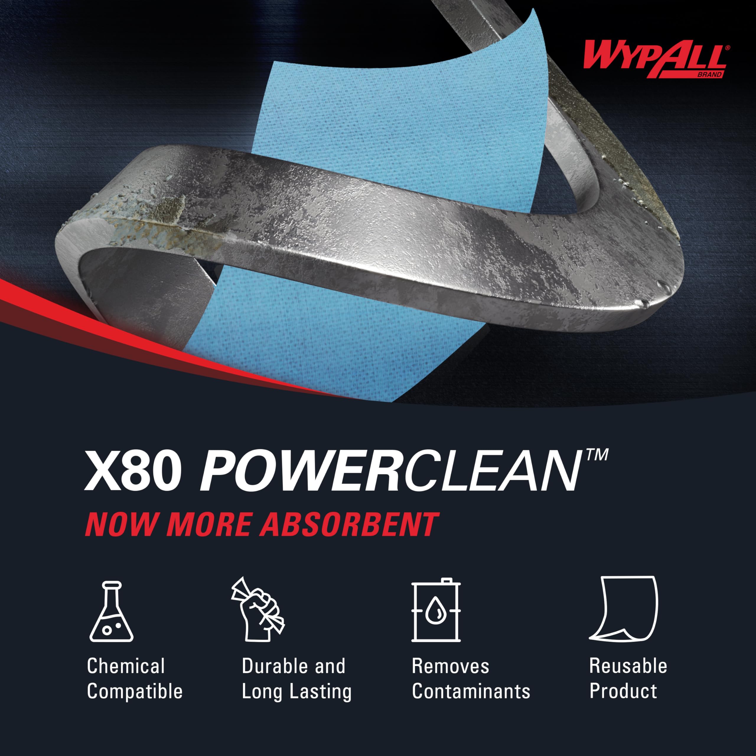 WypAll Panni WypAll X80 Power Clean - Panni per la pulizia riutilizzabili - 1 rotolo grande azzurro da 455 panni assorbenti - Numero articolo 8347
