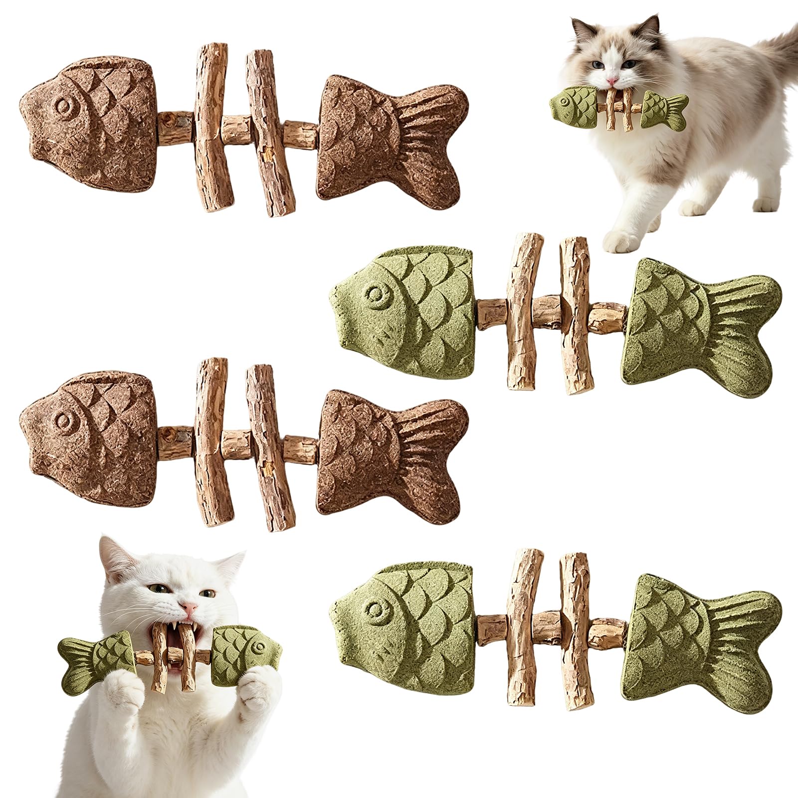 Viilich 4 Pack Fishbone Cat Chew Sticks, 2 Catnip and 2 Silvervine Flavoured Dental Teething Toys, Textured Oral Care Chews for Kittens & Adult Cats, Cats Teeth Cleaning