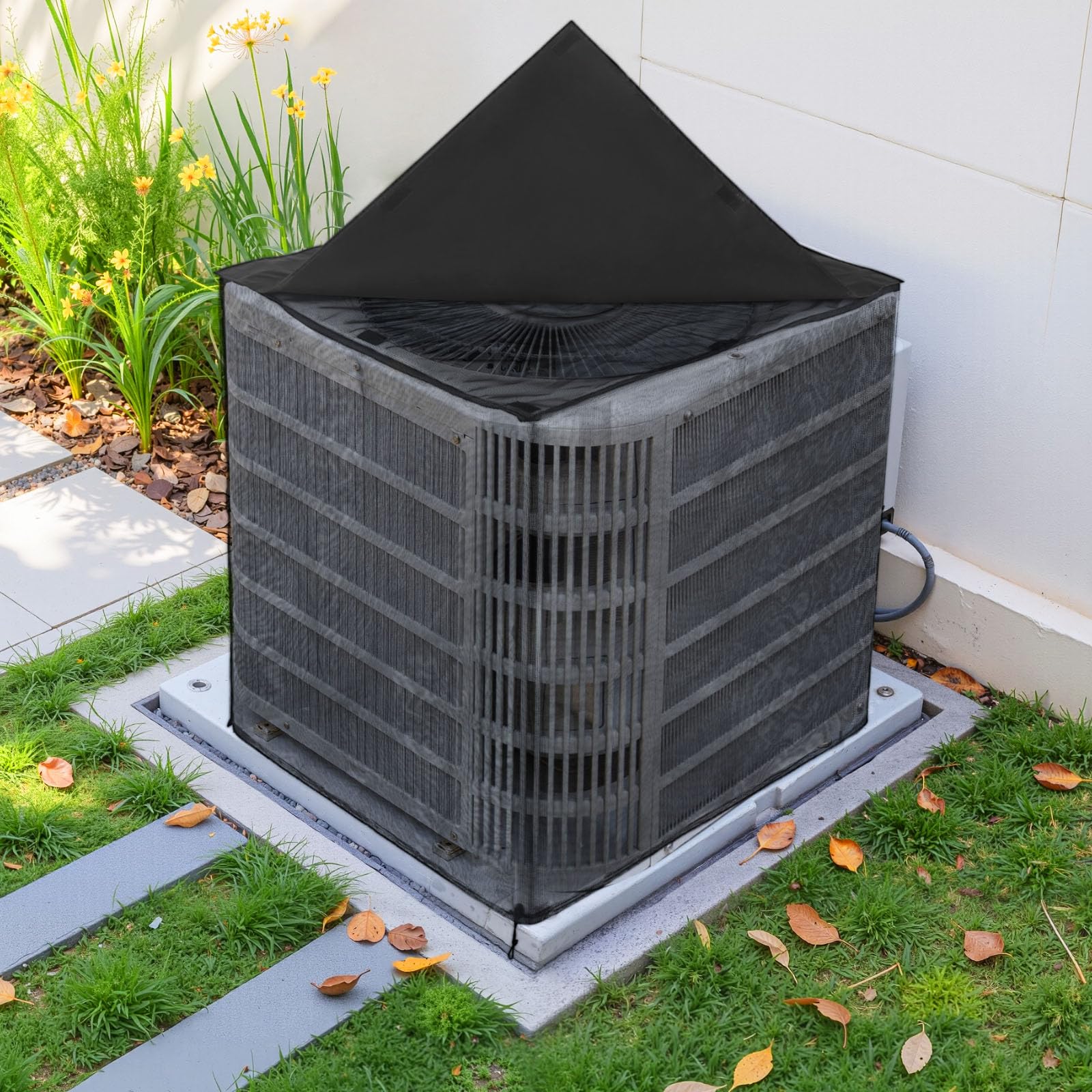 VEVOR Funda Protectora para Aire Acondicionado de Exterior, 812 x 812 x 914 mm, de Dos Capas, con Techo Extraíble, de Poliéster Resistente al Agua, Malla de Plástico y Tafetán 190T, Color Negro