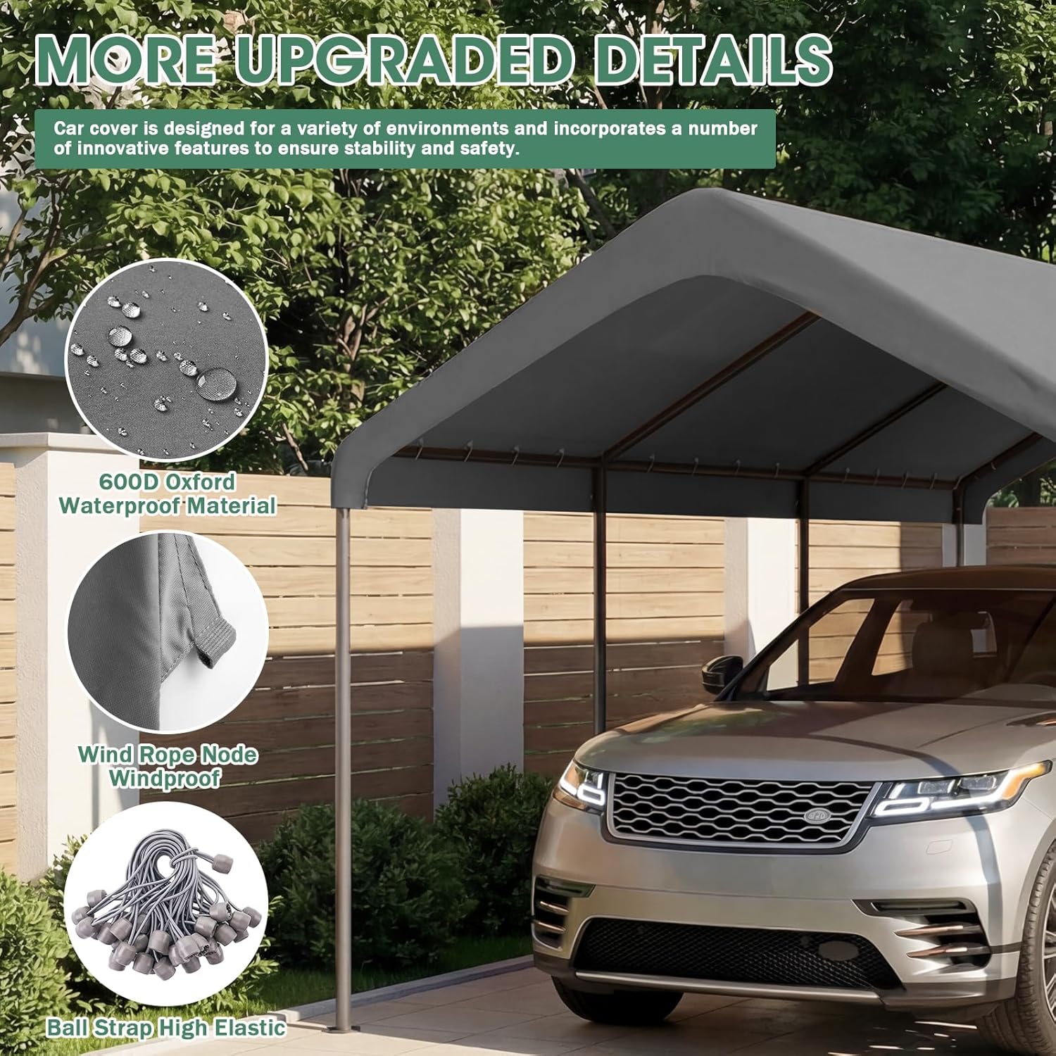 10x20FT Canopy Replacement Cover, Carport Replacement Canopy for 10' x 20' Frame, 800D Oxford Waterproof & UV Protected Tarp with Ball Bungees (Frame is not Included) (Gray)