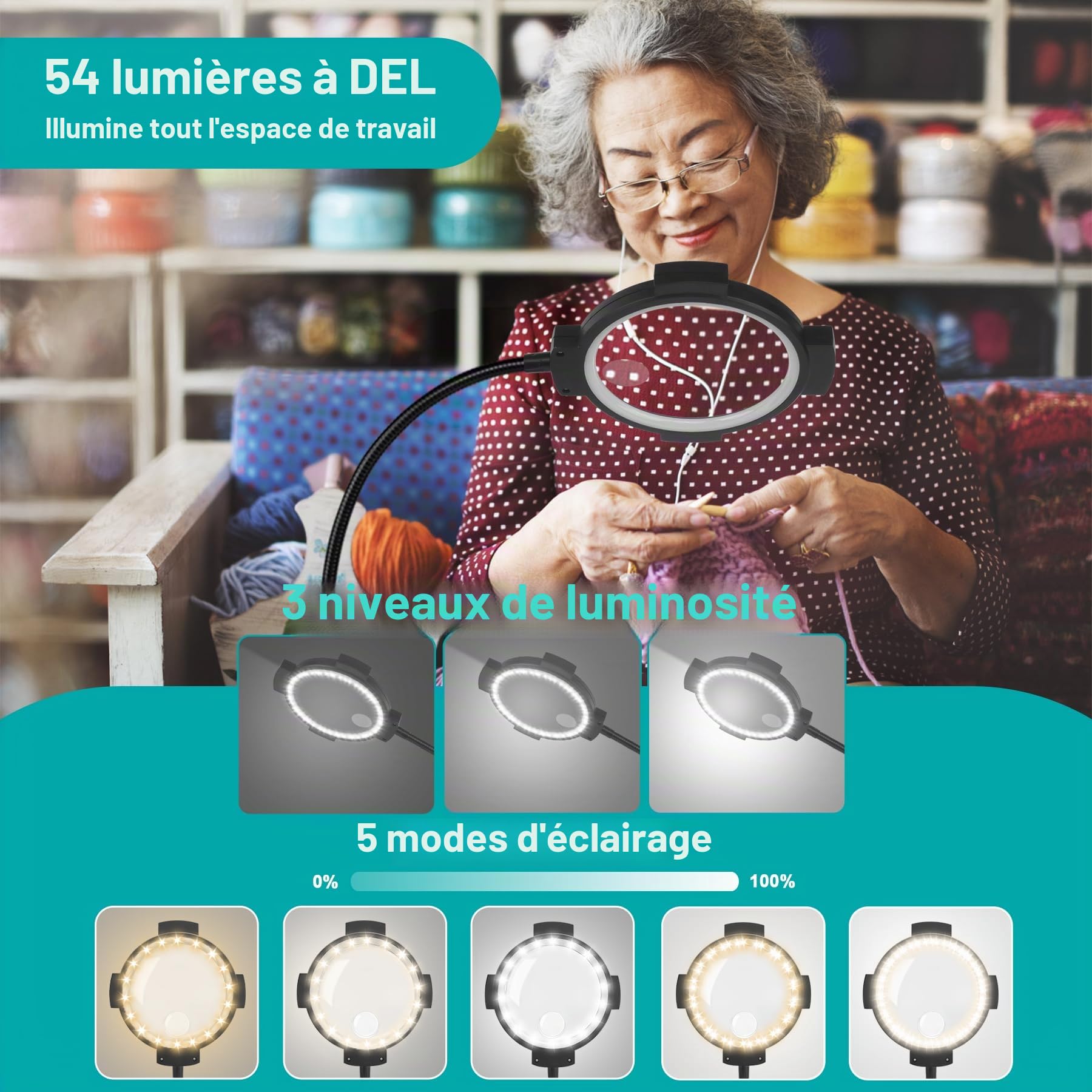 Loupe grossissante 10X 30X avec lumière et sur pied, lampadaire à 54 LED à intensité variable, 3 niveaux, loupe lumineuse 2-en-1 col de cygne pour la lecture, la couture, l'artisanat, le travail de