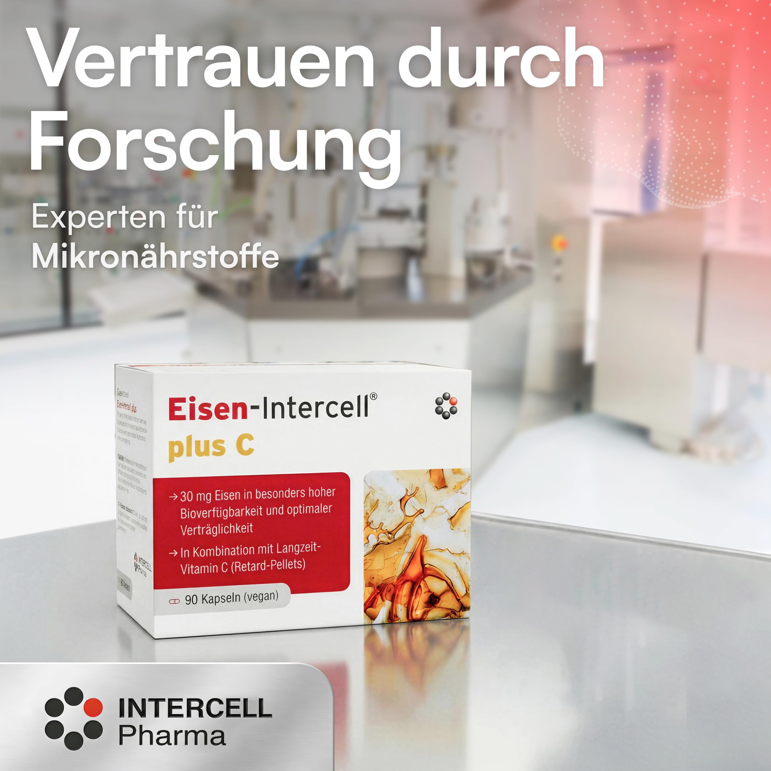 Eisen + C Intercell (90 Kapseln) - mit 30mg Eisen+ hochdosiert und 160mg Vitamin C (8h Retard-Effekt) - besonders hohe Bioverfügbarkeit durch spezielle Aminosäureverbindung - im Schutzblister