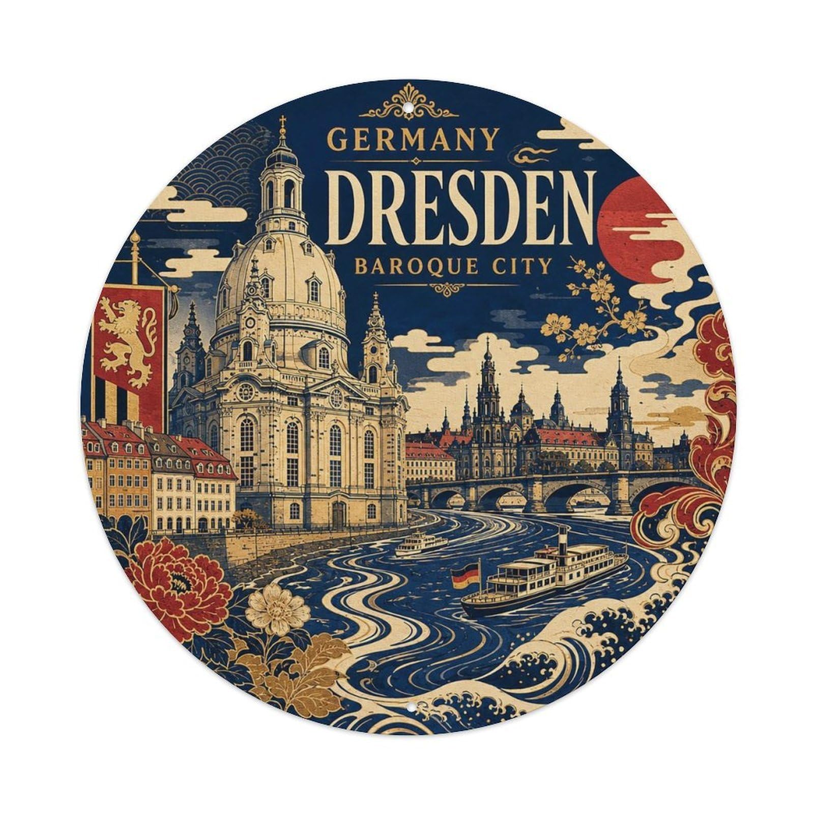 Este 8X8inch Style Dresden Baroque City German Ukiyoe Style Landmark Metal Tin Sign