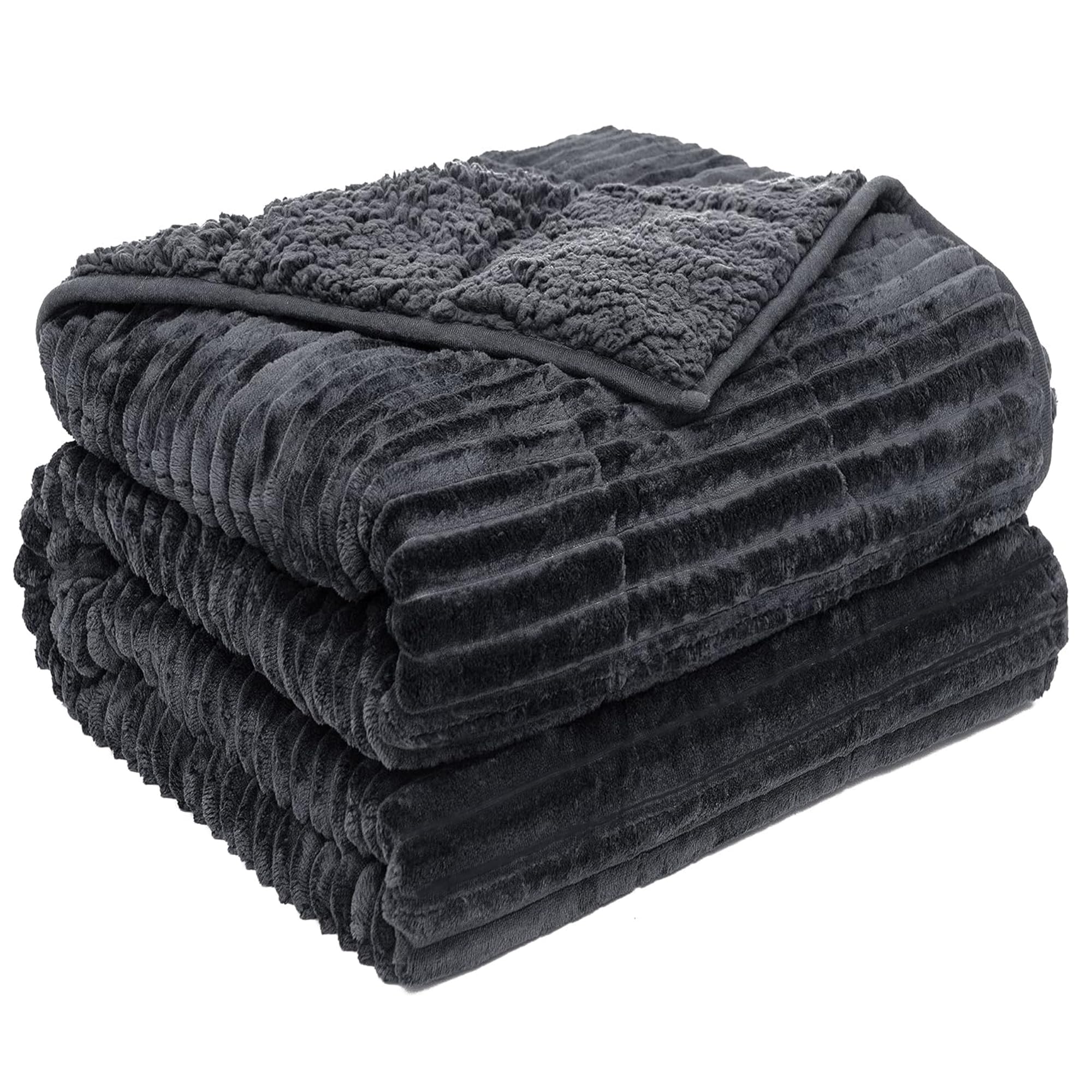 Sherpa Fleece Adult Weighted Blanket with Ribbed Stripes, 15 Pounds Dual Sided Soft Plush Blanket for Couch Bed Sofa, Heavy Thick Blankets with Ceramic Beads Great for Sleep, Dark Grey, 48" x 72"