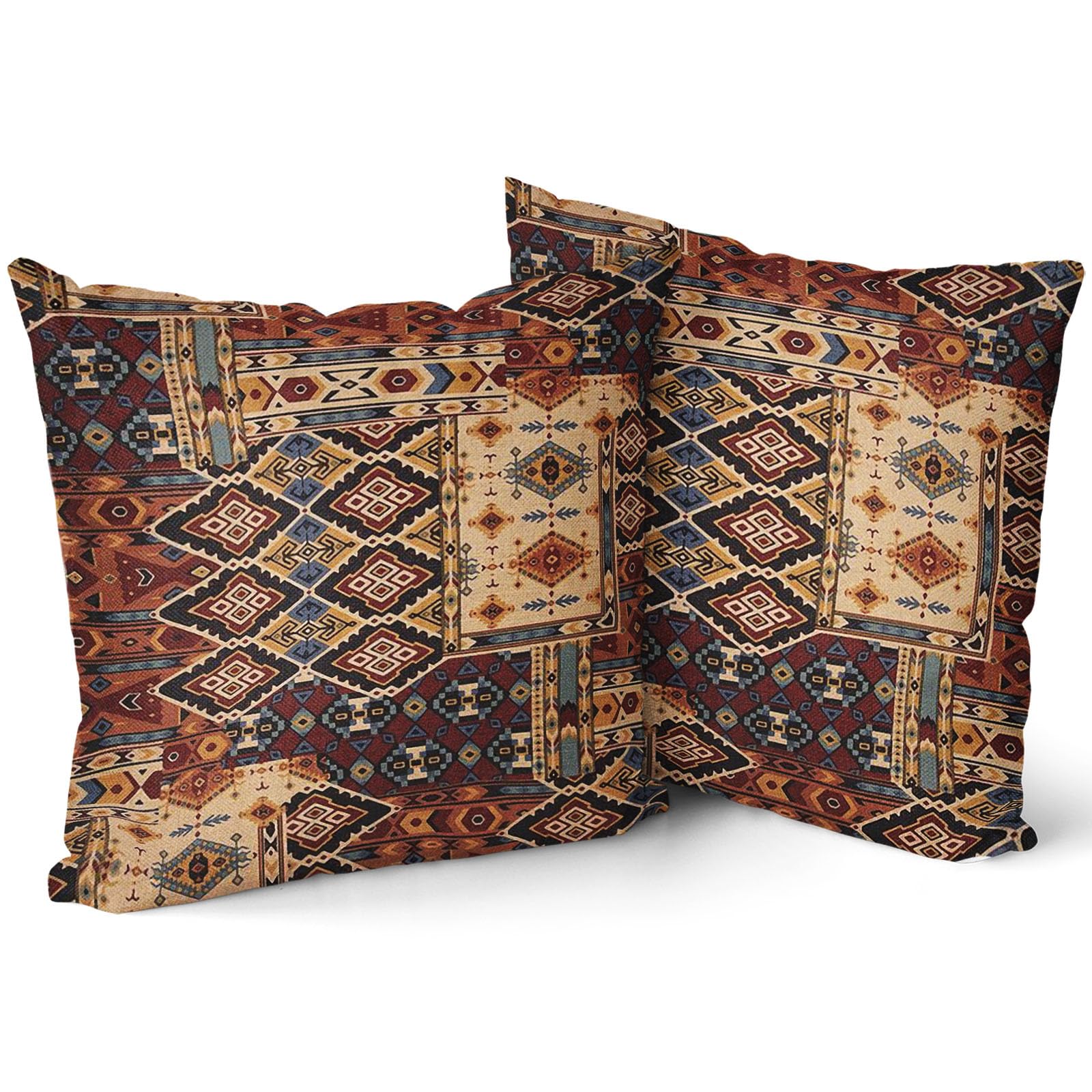 Brown Blue Red Tribal Vintage Bohemian Pillow Covers 20x20 Inch Boho Flower Rug Print Oriental Carpet Pillow Cases Set of 2 Antique Tapestry Rustic RetroThrow Pillows For Cushion Sofa Couch Outdoor — image 1