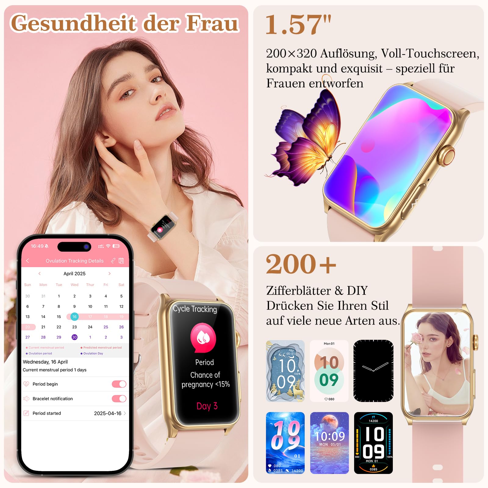 2026 Neue Smartwatch Damen mit EKG/Blutdruck/HRV/Schlaf-Monitor/Harnsäure | 1,57"Gesundheitsuhr mit Telefonfunktion BMI 24H Blutdruckmessung Pulsuhr SpO2,Menstruationszyklus kompatibel für Android/iOS