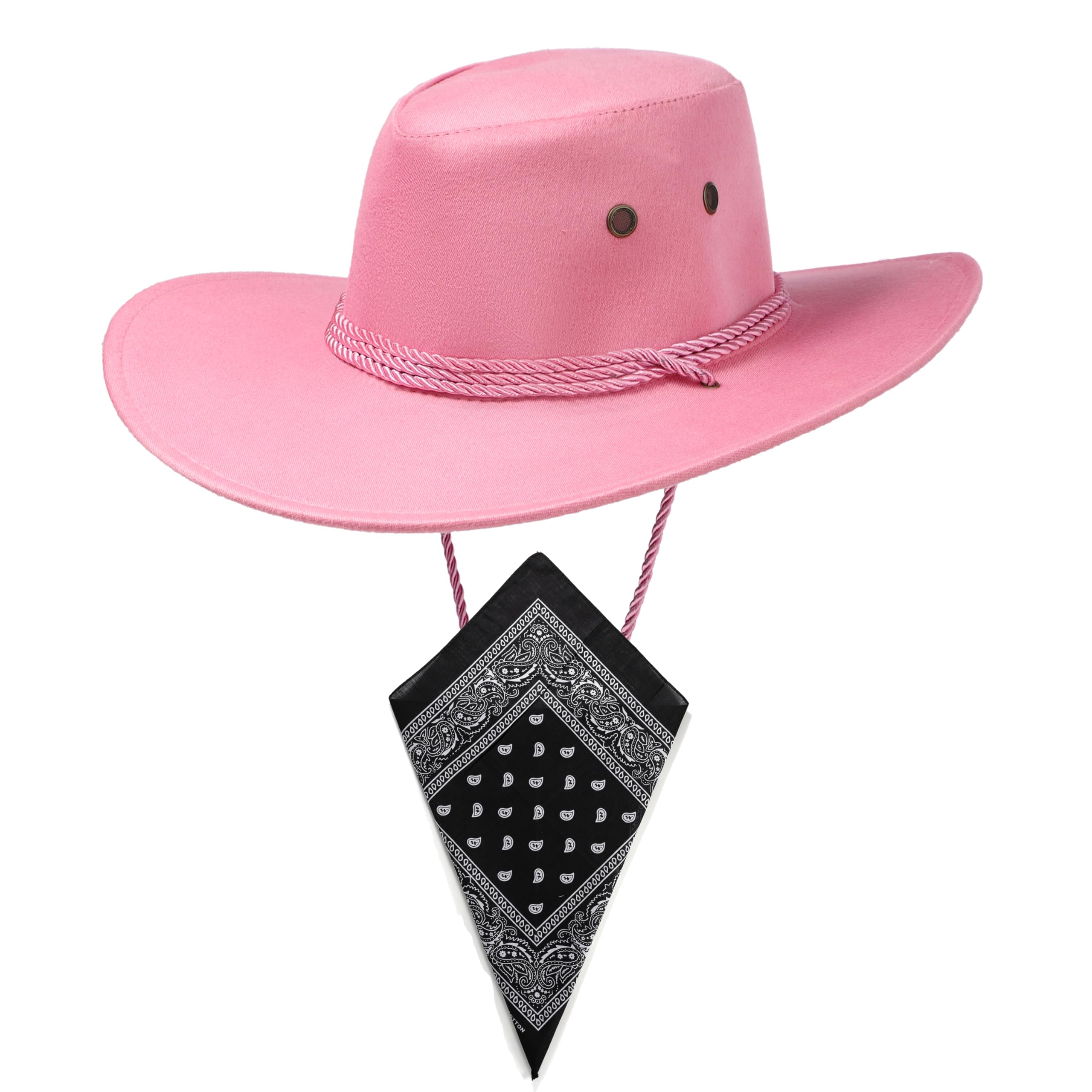 Komonee Pink Cowboy Hat and Black Bandana Western Sun Cap Faux Felt Leather Suede Fancy Dress Party Costume Outfit Neckscarf Sun Protection Mens Womens โ image 1