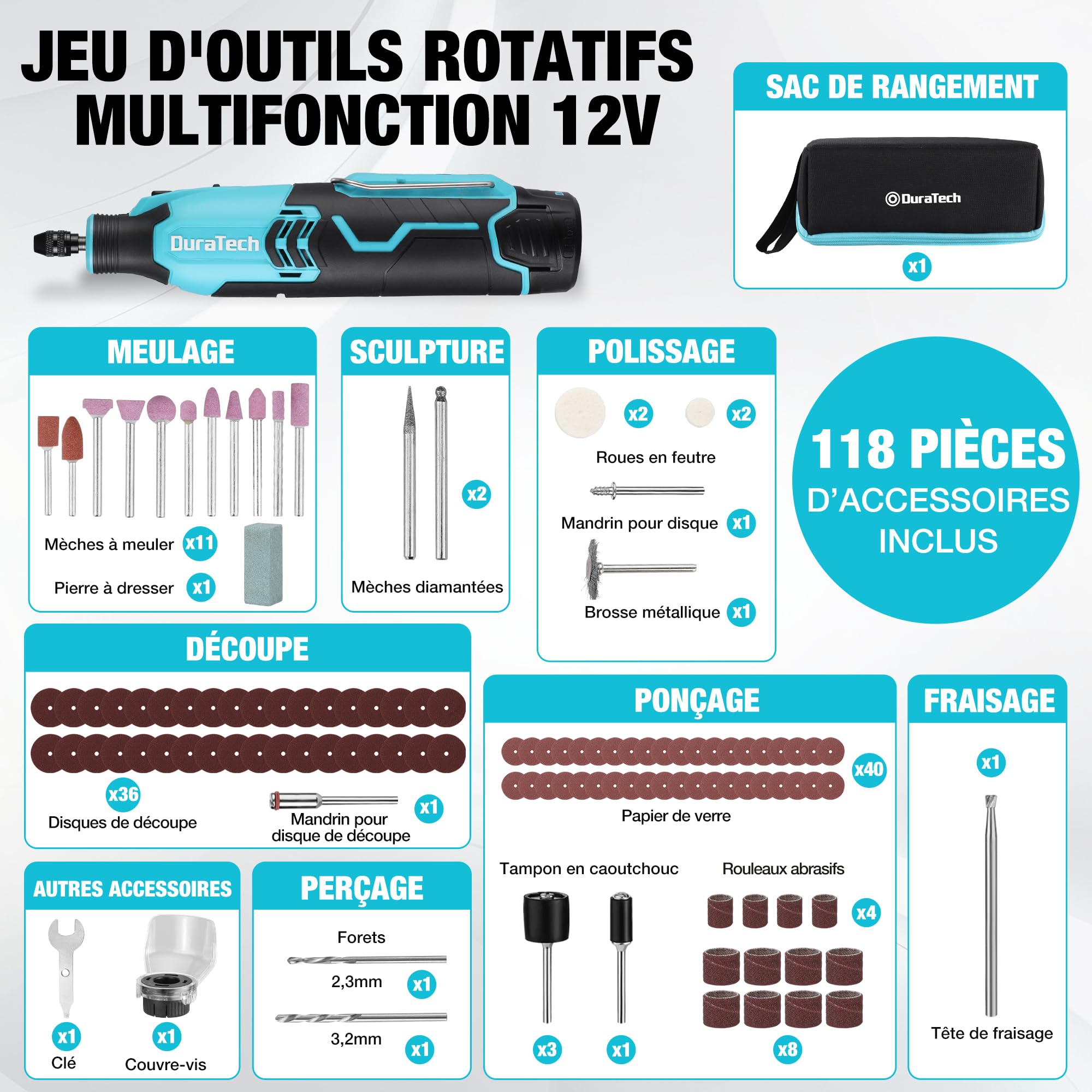 DURATECH Outil Rotatif Multifonction sans Fil 12V avec 118 Accessoires | 7 Réglages de Vitesse Variable 5000-35000 tr/min, pour Meuler, Couper, Percer, Polir, Nettoyer, Graver
