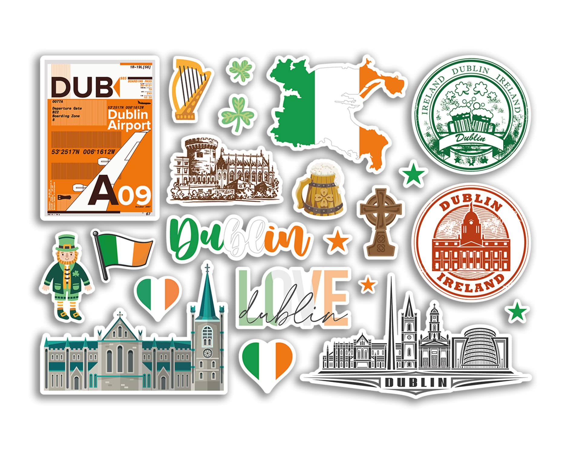 Dv Design Multi A5 Sticker Sheet Dublin Vinyl Stickers - Ireland Irish Landmarks Holiday Stamp Summer Map Flag Travel City Luggage Scrapbooking #79029