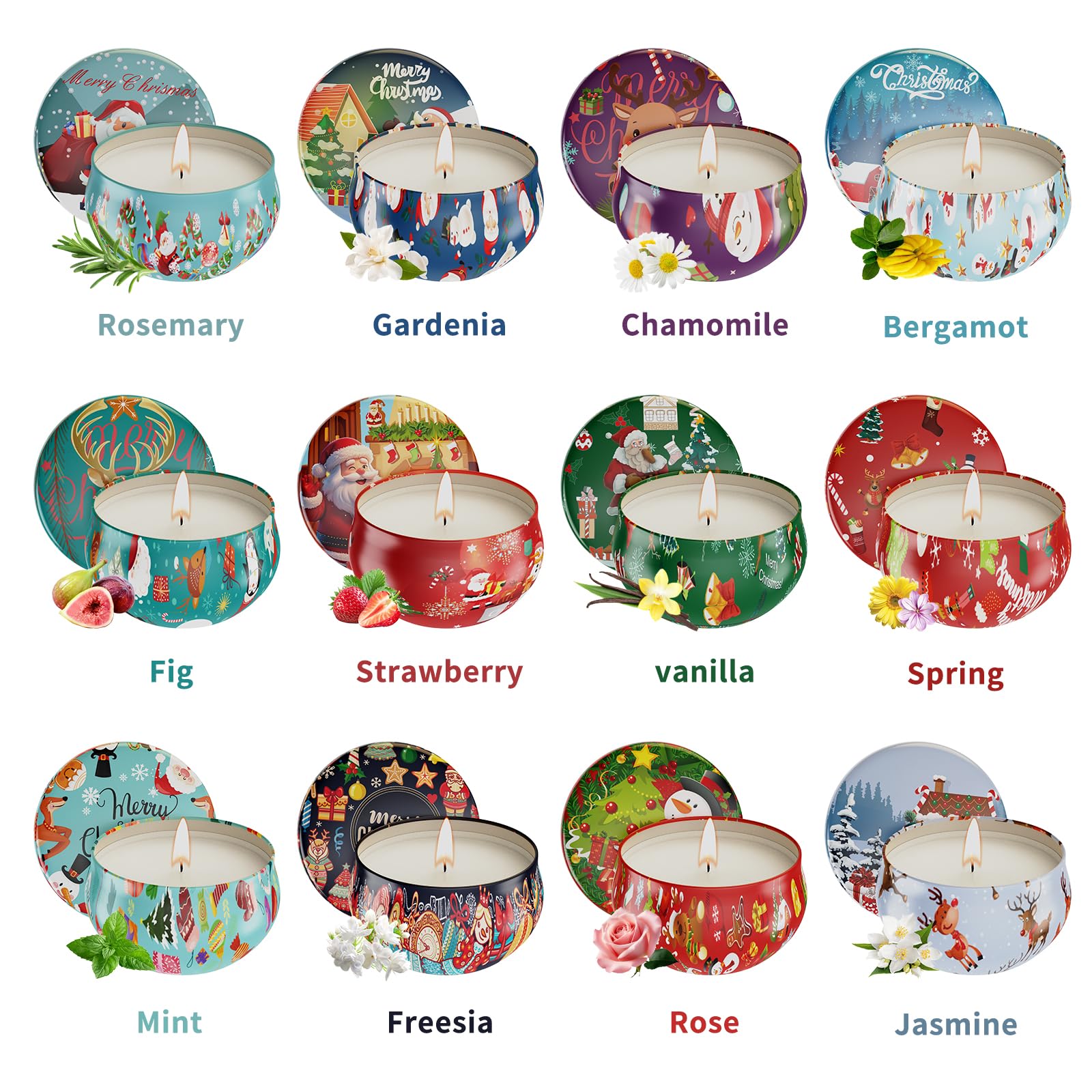 Primevolve Lot de 12 bougies de Noël parfumées pour femme, aromathérapie à la maison, parfum fort, longue durée, boîte de voyage portable pour spa, bain, yoga