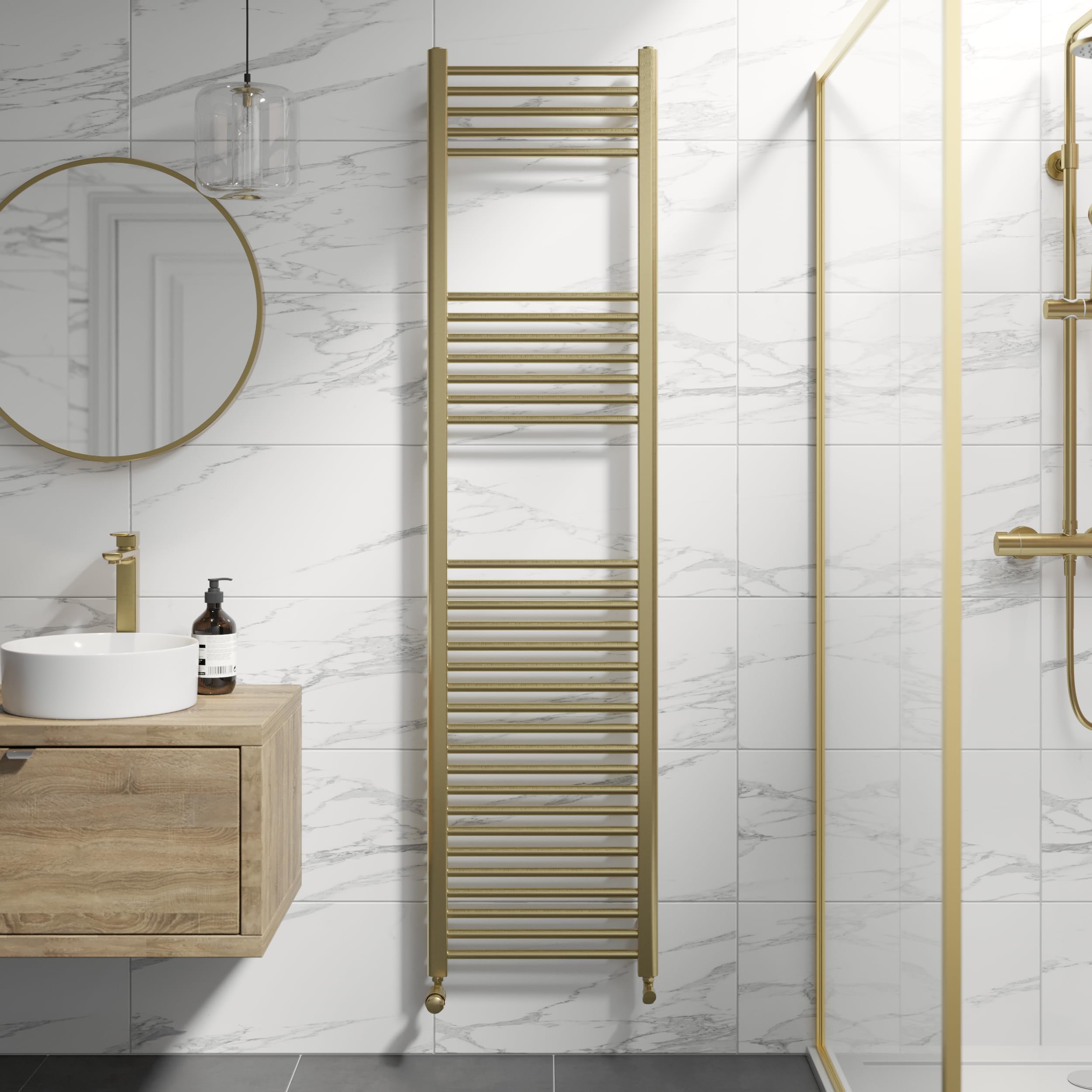 Duratherm Brushed Brass Duratherm® 1800 X 450Mm Flat Straight Heated Towel Rail Radiator Modern Central Heating Bathroom Warmer Wall Mounted Ladder Rad,