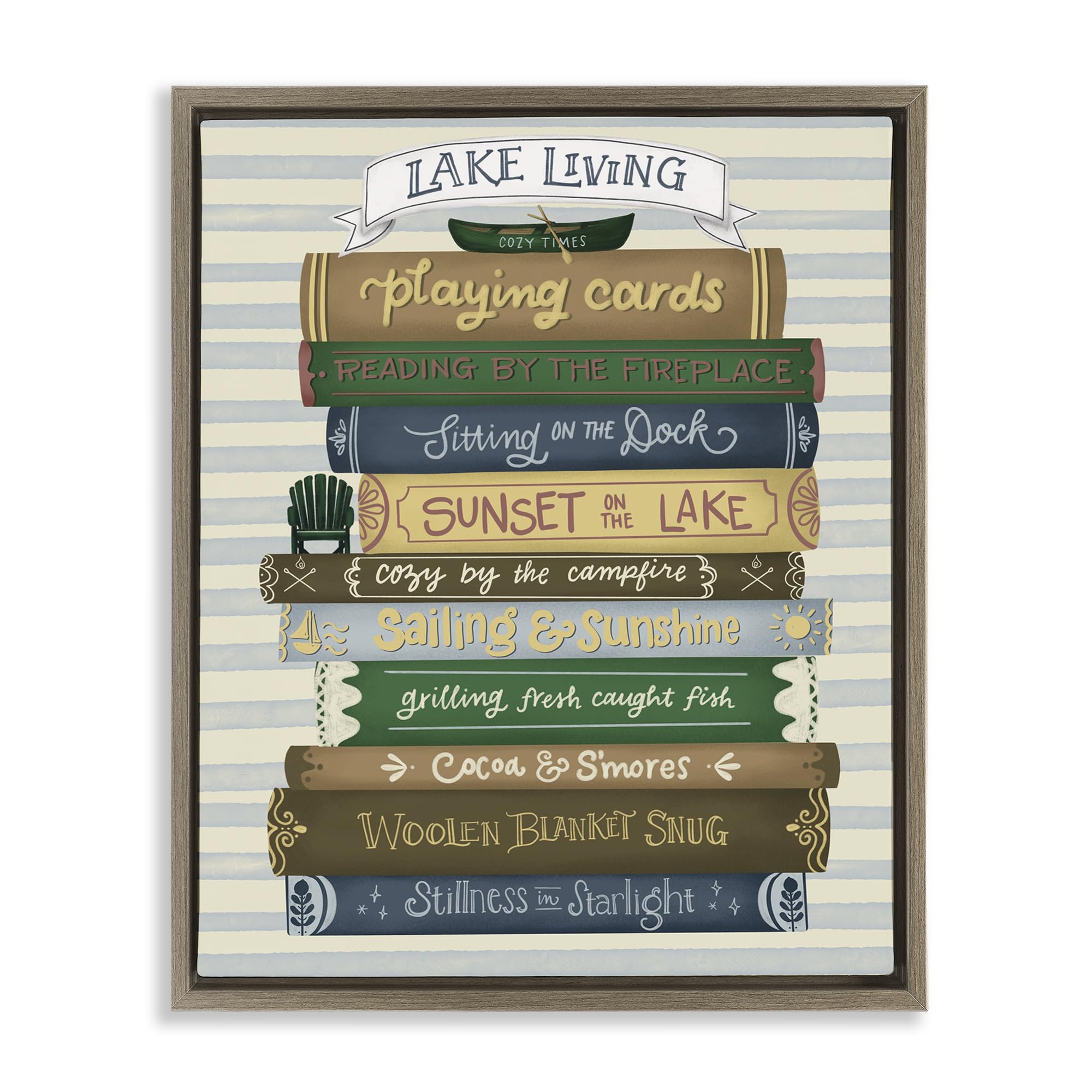 Stupell Industries Montalcino Elm (Textured) 'Lake Living Book Stack'| Floating Frame Canvas Art