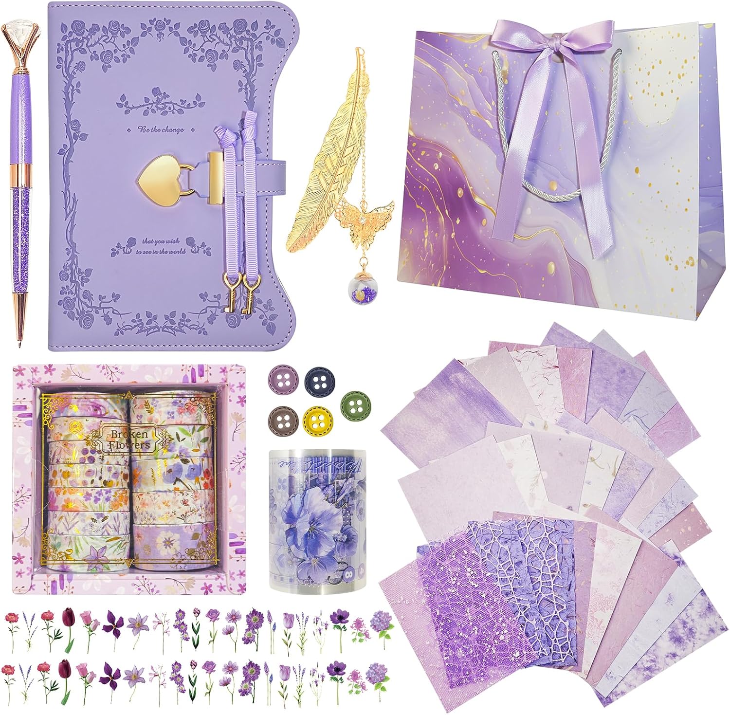 Diy Junk Journal Kit, Scrapbook Supplies Kit Includes B6 Diary with Lock and Key Flower Stickers Tape Roller, Stationary Diary Supplies Birthday Craft Gifts for Scrapbookers, Purple