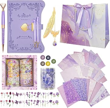 Diy Junk Journal Kit, Scrapbook Supplies Kit Includes B6 Diary with Lock and Key Flower Stickers Tape Roller, Stationary Diary Supplies Birthday Craft Gifts for Scrapbookers, Purple