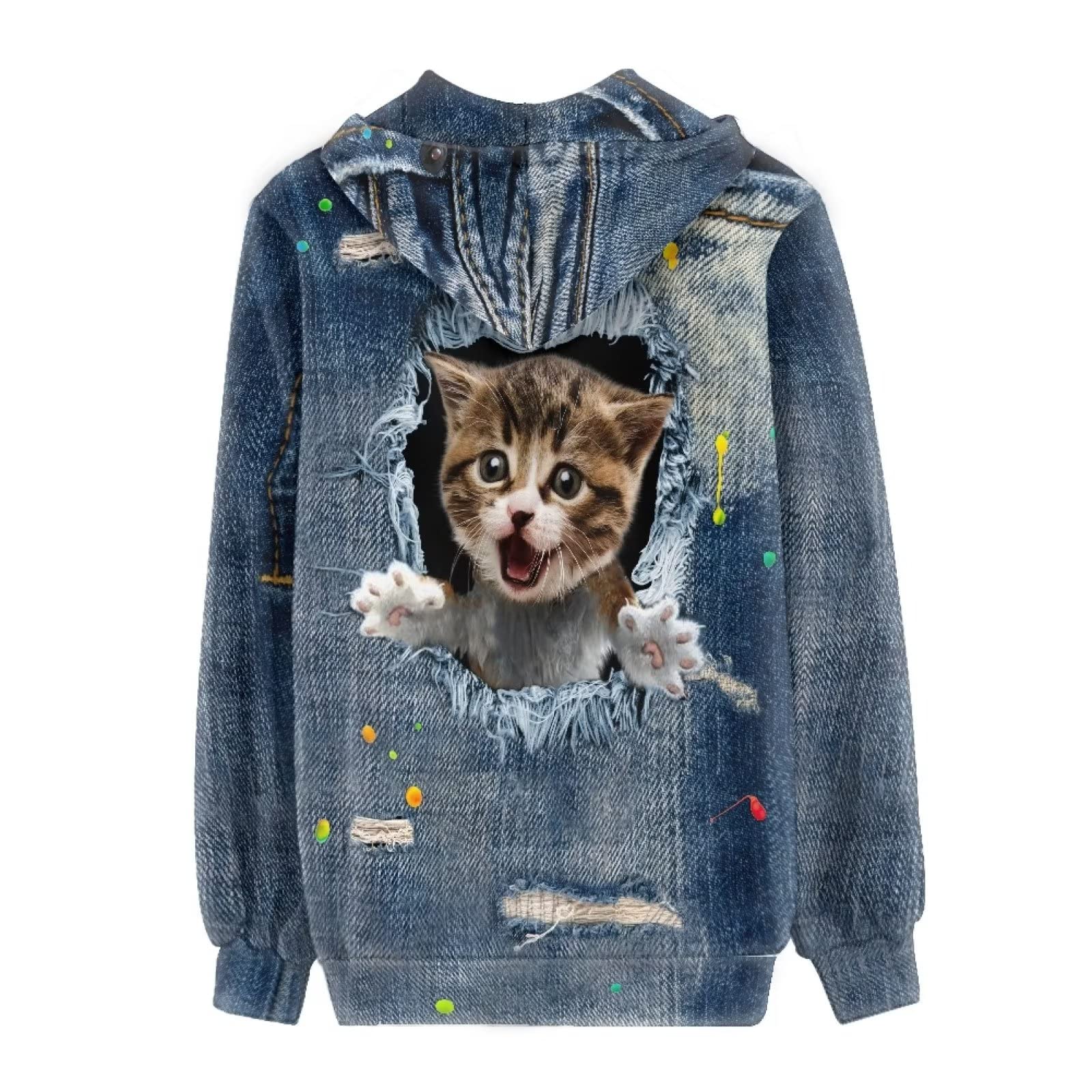 Bluza z zamkiem błyskawicznym z kieszenią na co dzień bluzy ze sznurkiem dla kobiet, bluzy z długim rękawem rozmiar XS-5XL, Kociak dżinsowy, XXL
