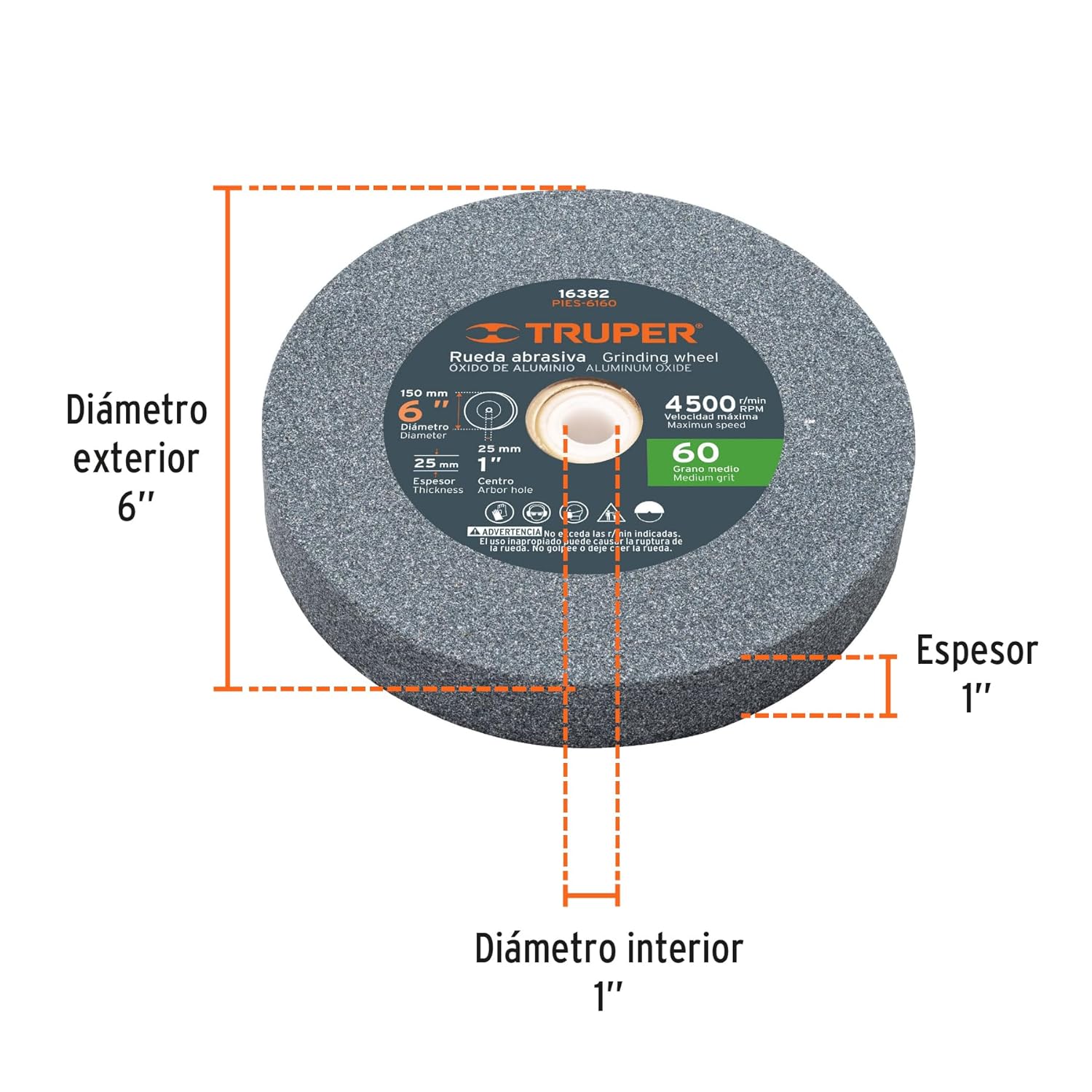 TRUPER PIES-6160 6" Aluminum Oxide Bench Grinding Wheels. Grit=36, Thickness=1", Arbor=1". 1 Pack