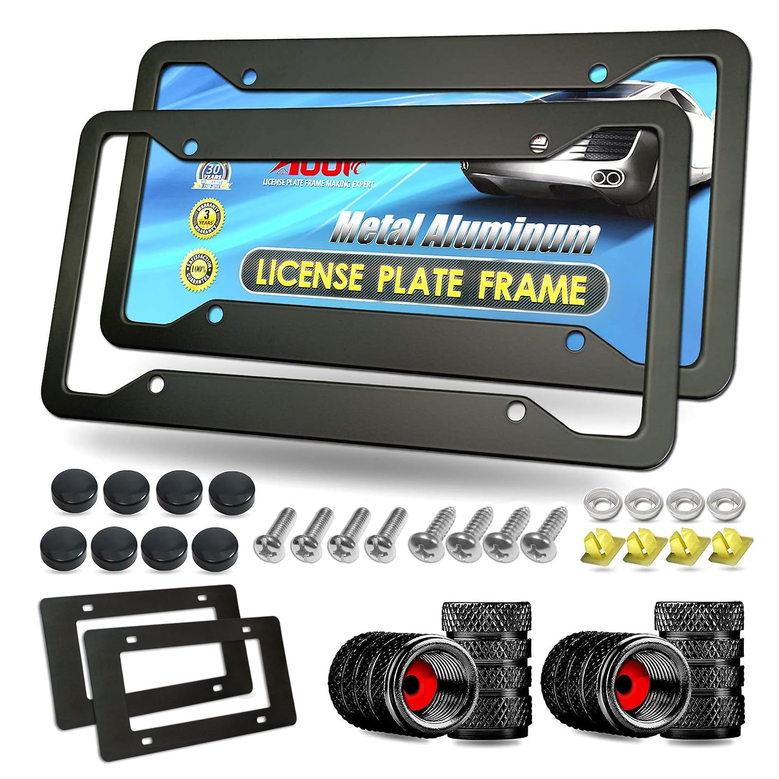 Aootf Black Aluminum License Plate Frames- Heavy Duty Car Tag Cover with Screw Caps, 2 Pack Front & Rear Holders for Women/Men, with Screws, Tire Valve Caps, Rattle Proof Pads, 4 Hole