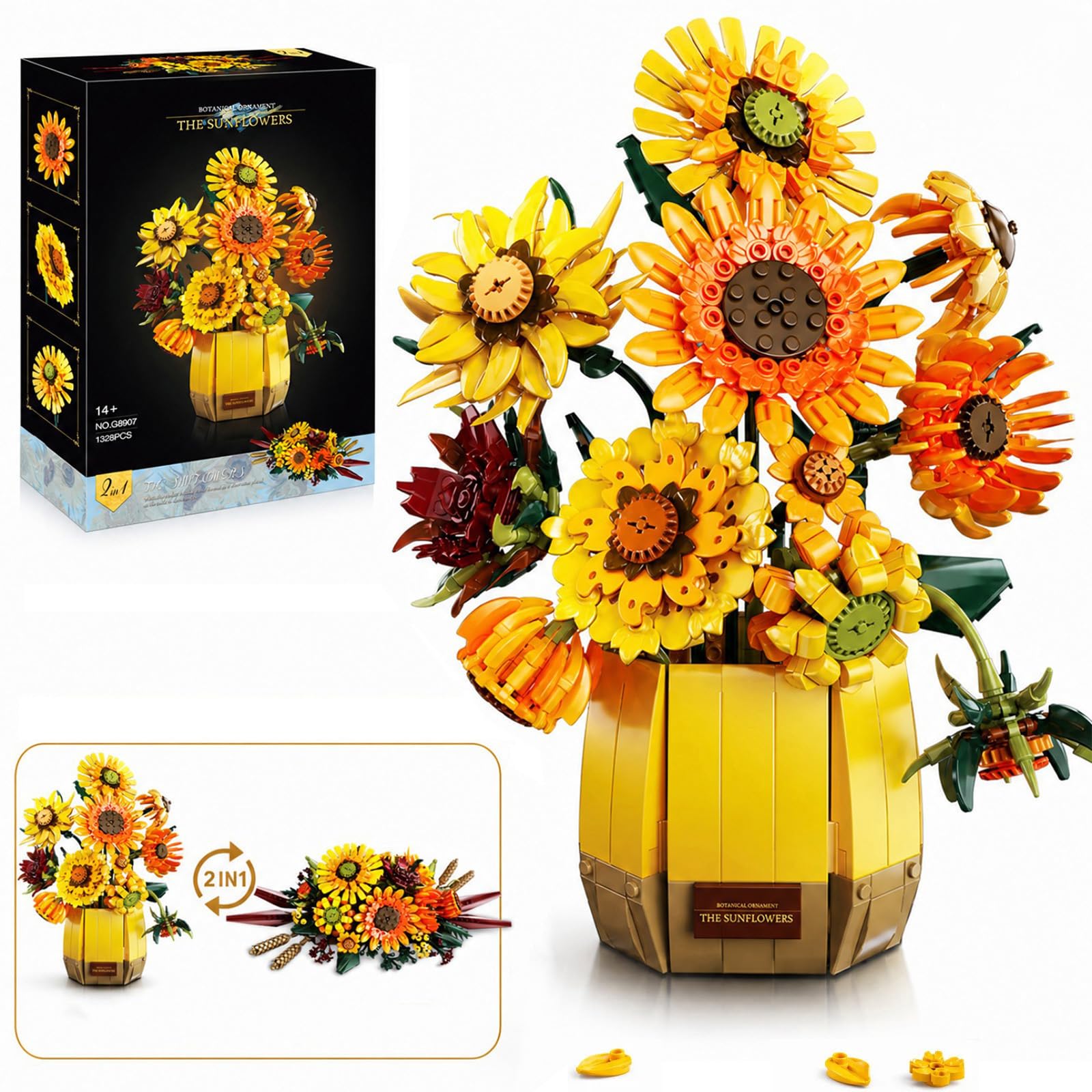 Sosuy Set Costruzioni Girasole, Quadro Floreale da Parete 2-in-1 con Cornice, Decorazione Casa, Gioco STEM per Donne Adulte Ragazze, Regalo Compleanno Donna 1011+ Pezzi