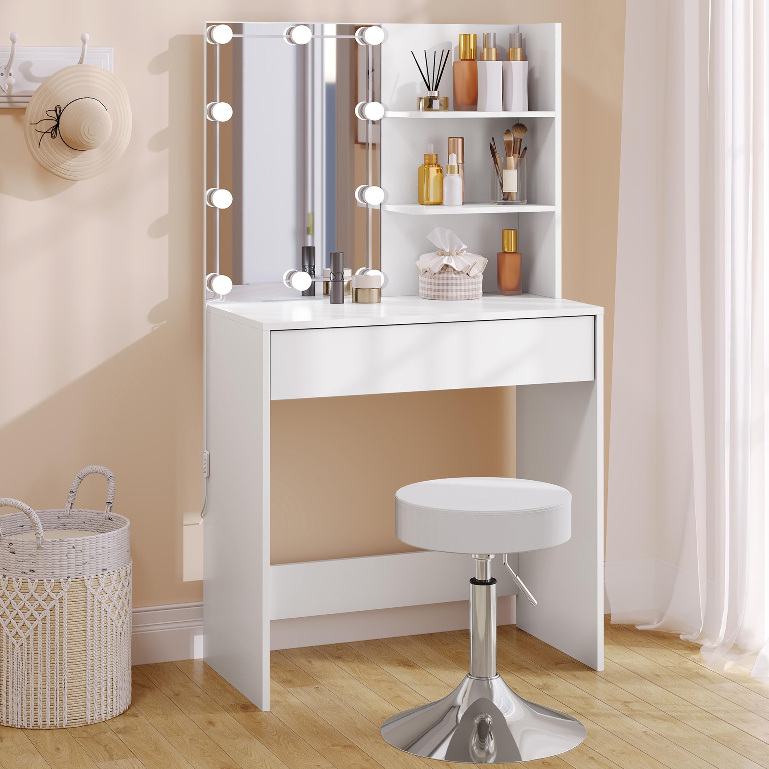 WOLTU Tocador con Taburete, Tocador Maquillaje con Espejo y Luz, Mesa Tocador con Cajon Grande y 2 Estantes, Espejo, 10 Bombillas LED, Tocador Moderno para Dormitorio, Blanco, 75x40x136 cm, MB6113ws