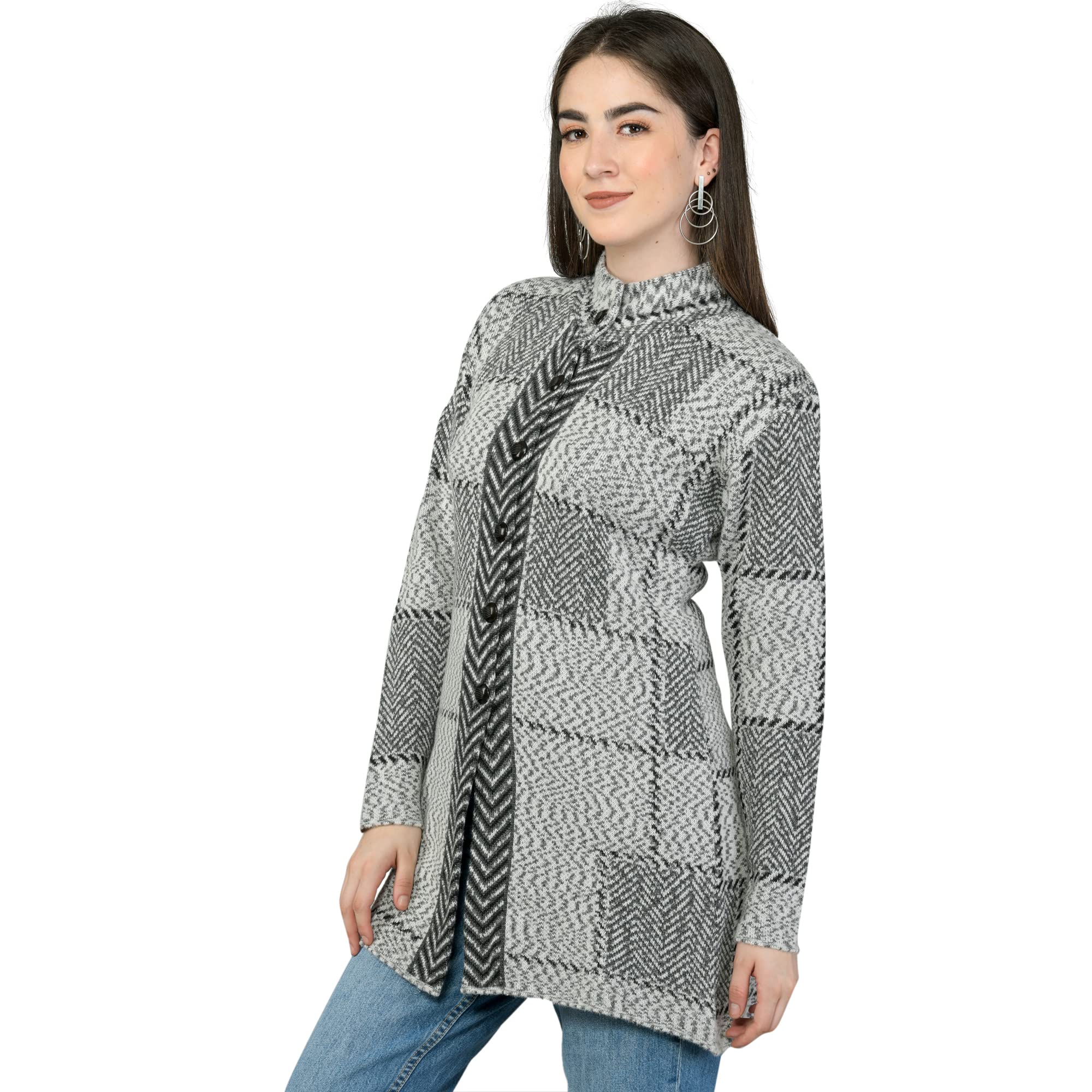 LADY WILLINGTON Women Woolen Long Coat Warm Fabric Cardigan Winter Wear Pure Wool Thick Sweater for Women 100% Rainbow Wool Free Size Cotty Fully Warm Cardigans with Side Pockets (4XL, BLACKCHECK)-image-1