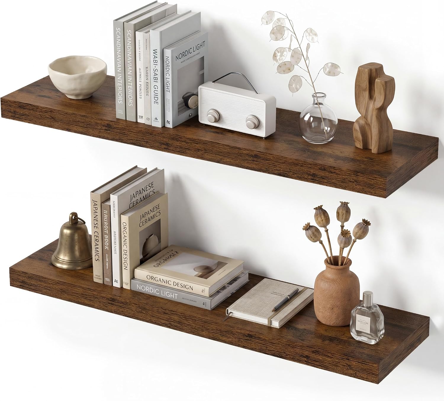 Floating Shelves for Wall, 28 Inch Wall Mounted Storage and Display for Living Room, Bedroom, Kitchen, Bathroom Set of 2 Rustic Brown