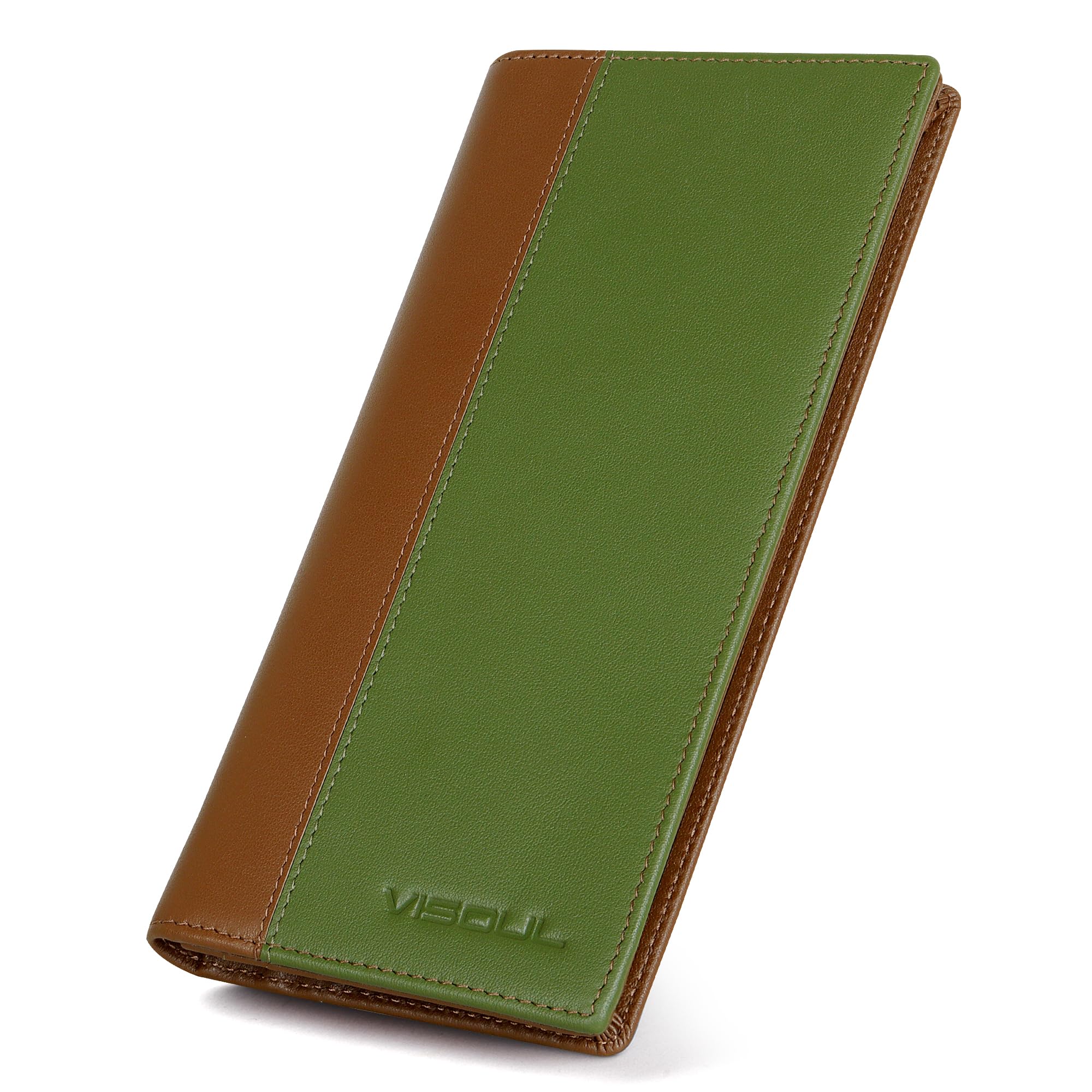 VISOUL Leather Long Checkbook Bi-fold Wallets with Zipper Pocket for Men and Women, RFID Blocking Tall Billfold Secretary Cash Wallet (Green and Dark Brown)