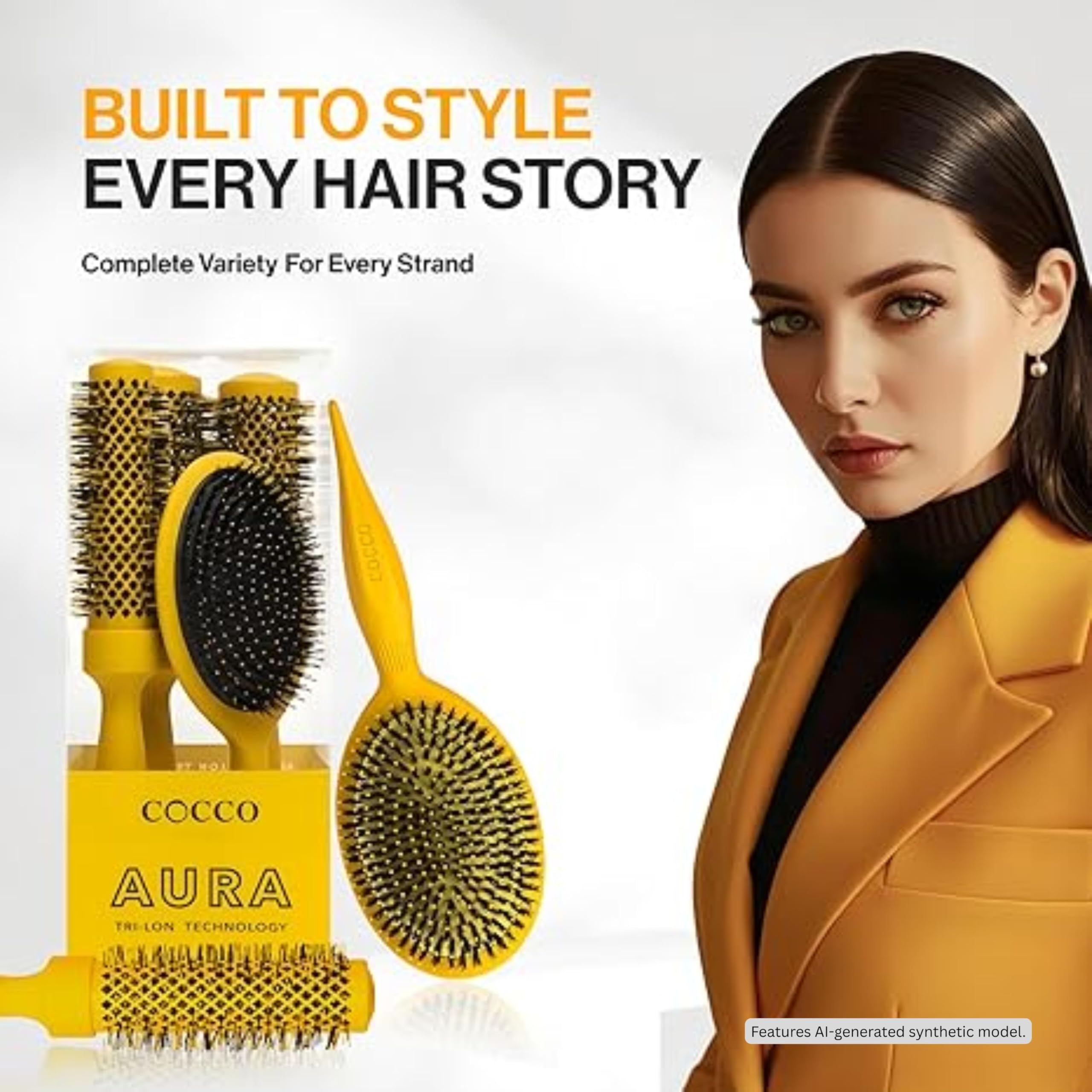 COCCO Aura Brush - Juego de cepillos redondos y de cerámica para mujer, secado y control del encrespamiento, cerdas de turmalina, agarre ergonómico, juego de peinado completo, color amarillo