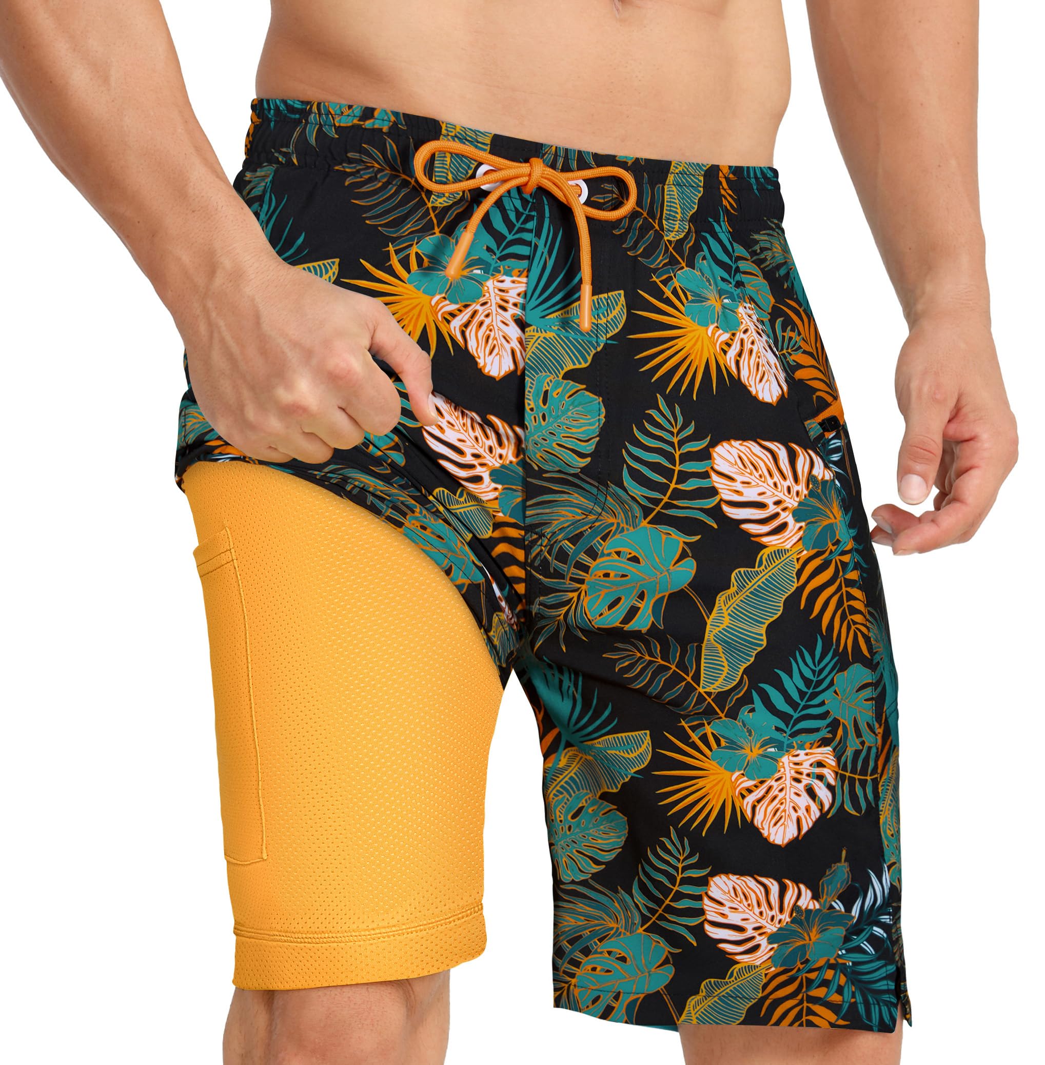 APTRO Herren Badehose Lang mit Kompression Liner Schnelltrocknend Badeshorts Schwimmhose 2 in 1 Badehosen mit Reißverschlusstasche Innenhose Surfen Strandhose