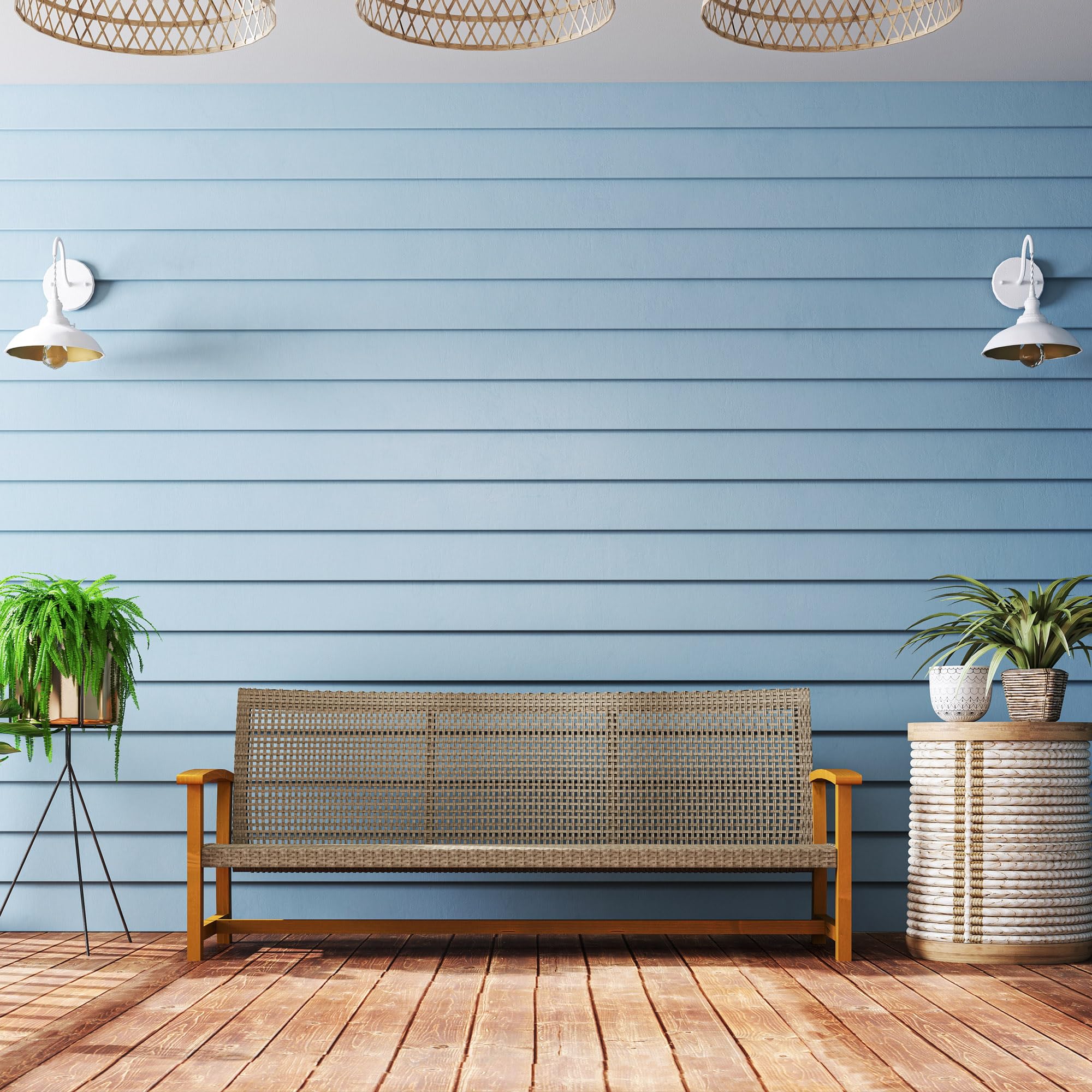 Sofá de mimbre para exteriores, sofá de mimbre para patio al aire libre, 1000 libras de capacidad, muebles de patio de madera de acacia con asiento de acero y reposabrazos para patio trasero 9
