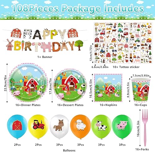 Miniatura 2 de 98 piezas de suministros de fiesta de cumpleaños de animales de granja, decoración de fiesta de cumpleaños para niños y niñas, juego de vajilla de