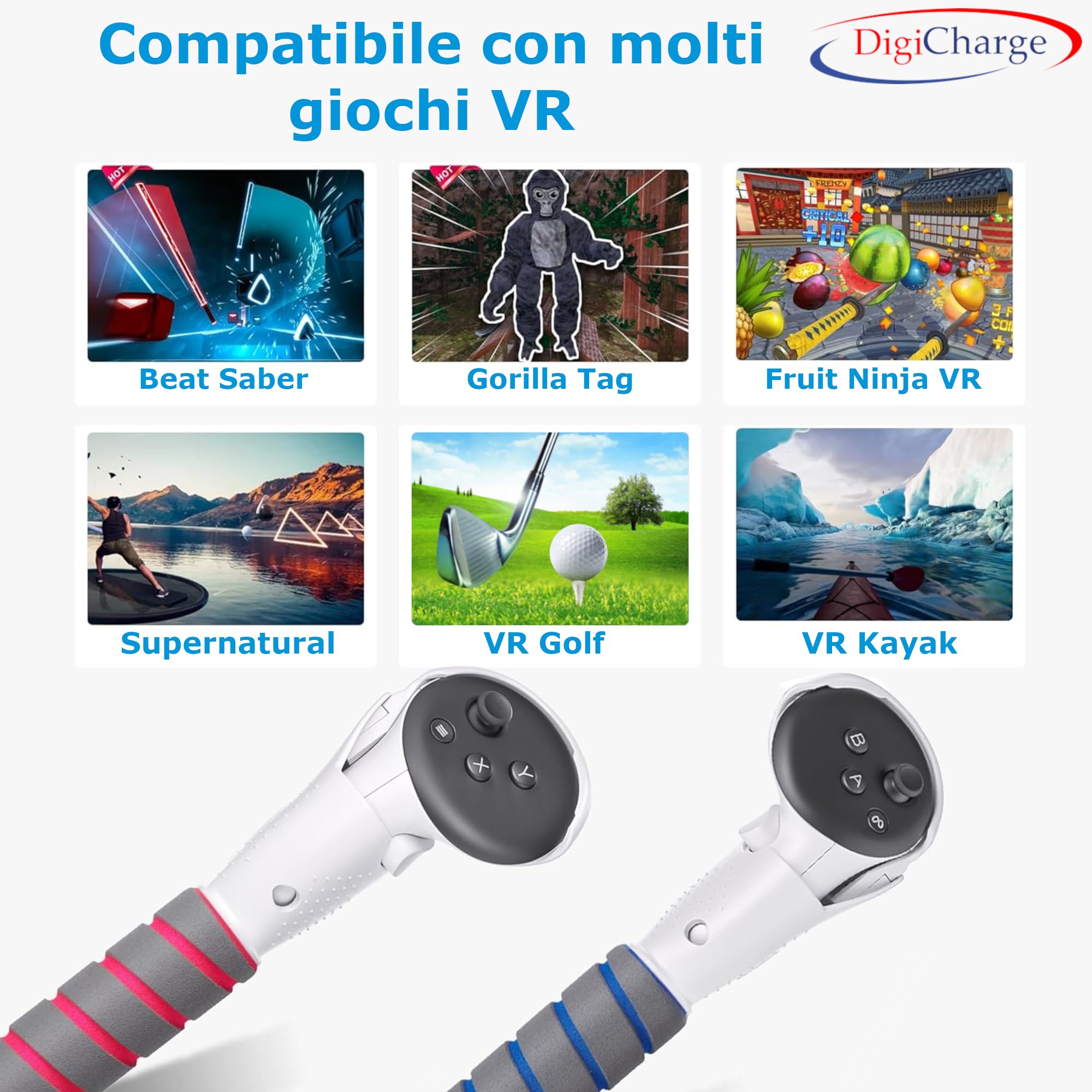 Digicharge Attacco maniglia 3 in 1 compatibile con accessori Meta Quest 3S / 3S Xbox ed/Quest 3 Oculus, maniglie Beat Saber Bastoni, impugnatura di estensione per controller VR Gorilla Tag Golf Club