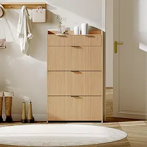 Garvee Shoe Storage Cabinet for Entryway with 2 Flip Drawers, 31.5" Fluted Slim Shoe Cabinet with Adjustable Shelf, Freestanding Wooden Rack Organizer for Hallway, Natural